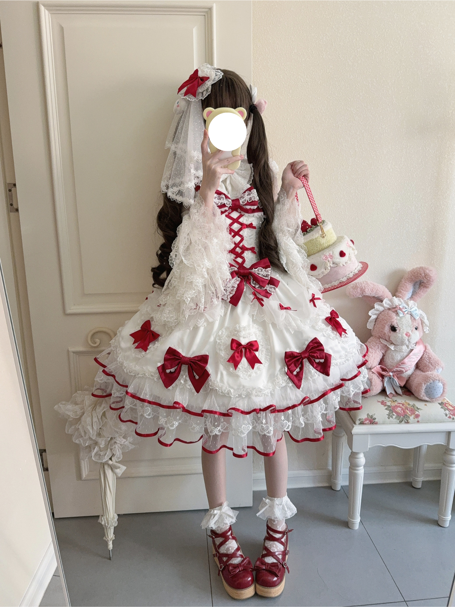 Sweet Lolita Burgundy Bow Dream Dress Ivory Ruffled Gown