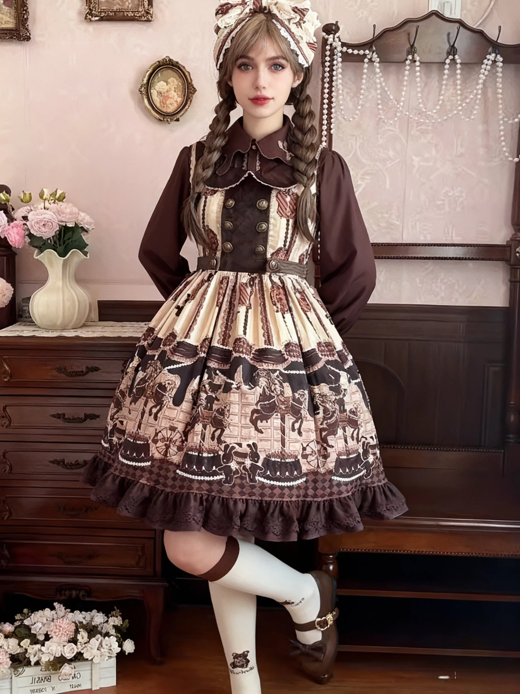Sweet Lolita Carousel Themed Dress Pink Chocolate Brown Beige Print