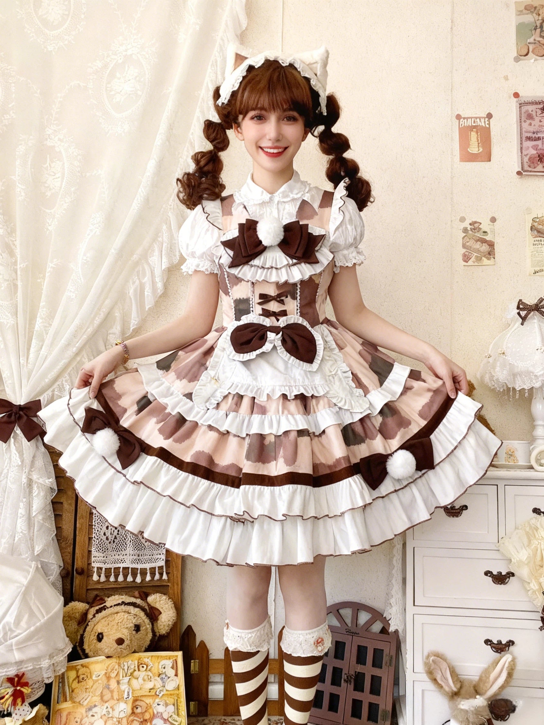 Sweet Lolita Cow Print Pink Brown Cake Cream Ruffled Dress with Bow Accents