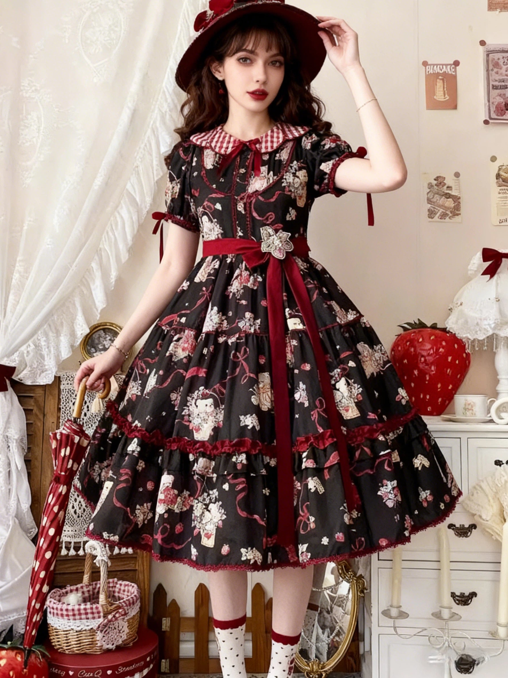 Sweet Lolita Gothic Bear OP Dress Black with Burgundy Bow Layer Skirt