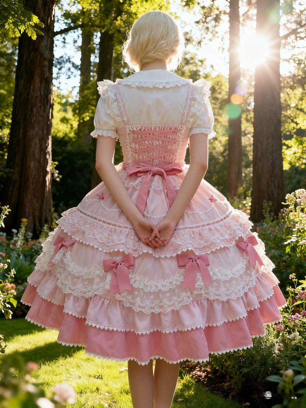 Sweet Lolita Pink Ruffled Bow Cake Dress Frilly Lace Princess Ball Gown for Party