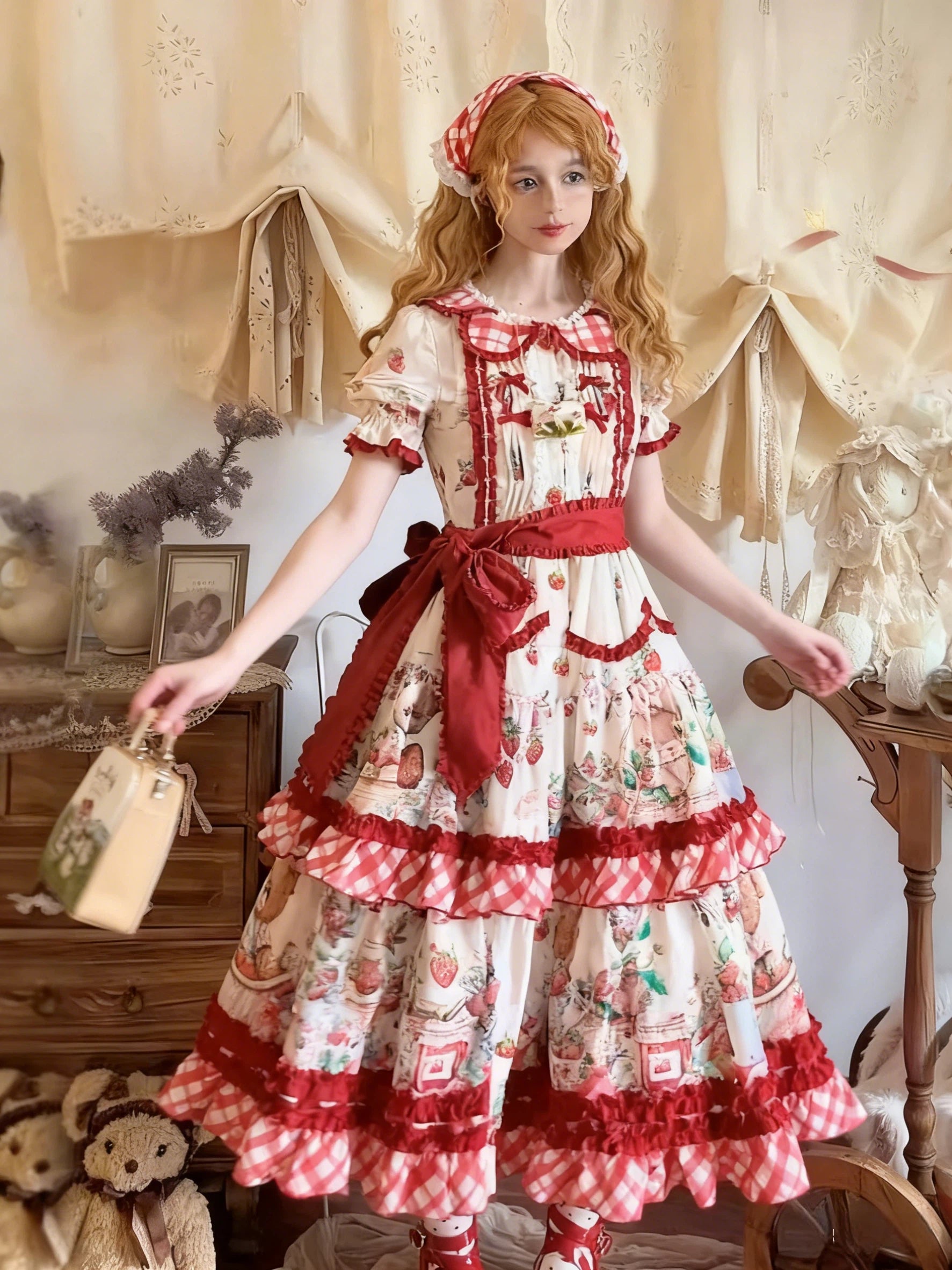 Sweet Lolita Picnic Strawberry OP Dress with Ruffles and Gingham Apron Details