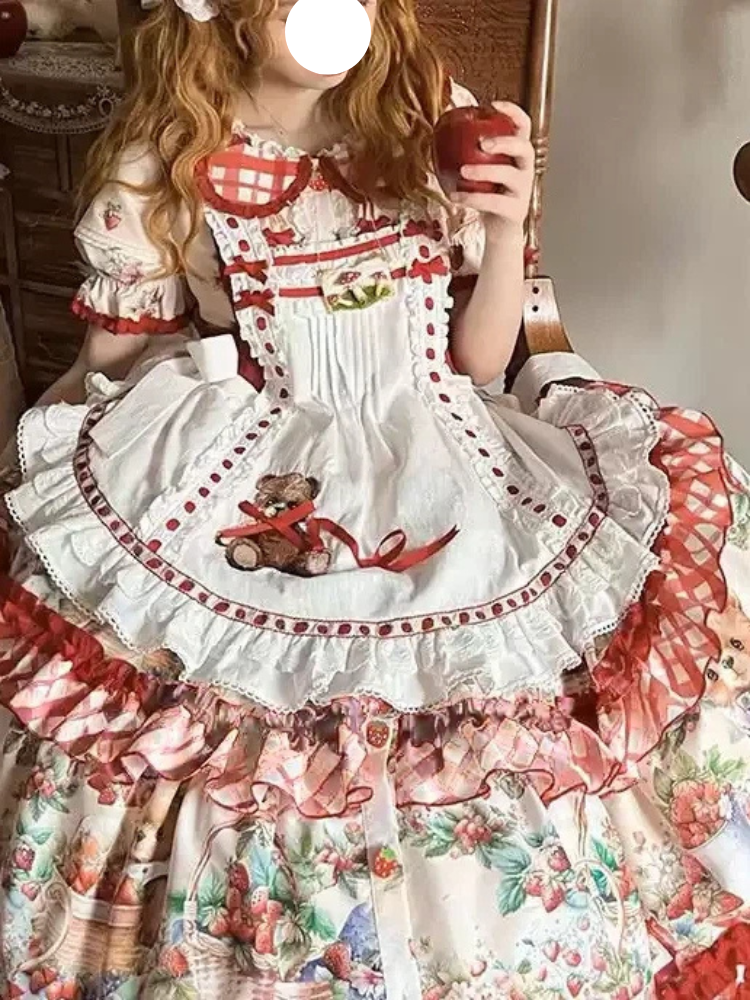 Sweet Lolita Picnic Strawberry OP Dress with Ruffles and Gingham Apron Details