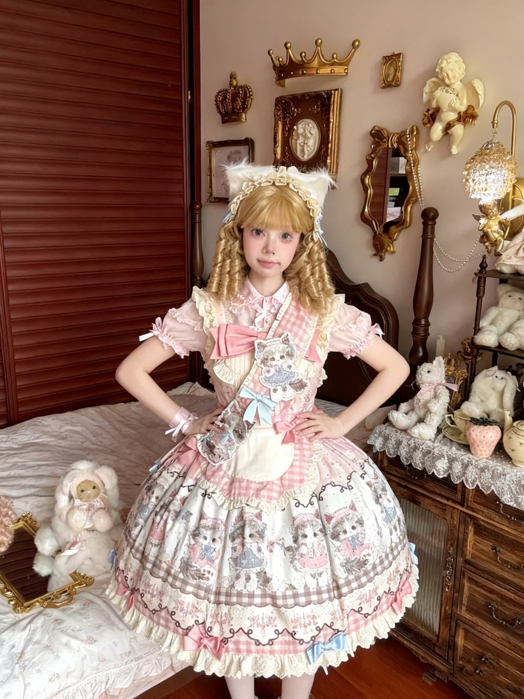 Sweet Lolita Pink Black Meow JSK Fluffy Cat Print Pastel Cake Dress 2 Colors