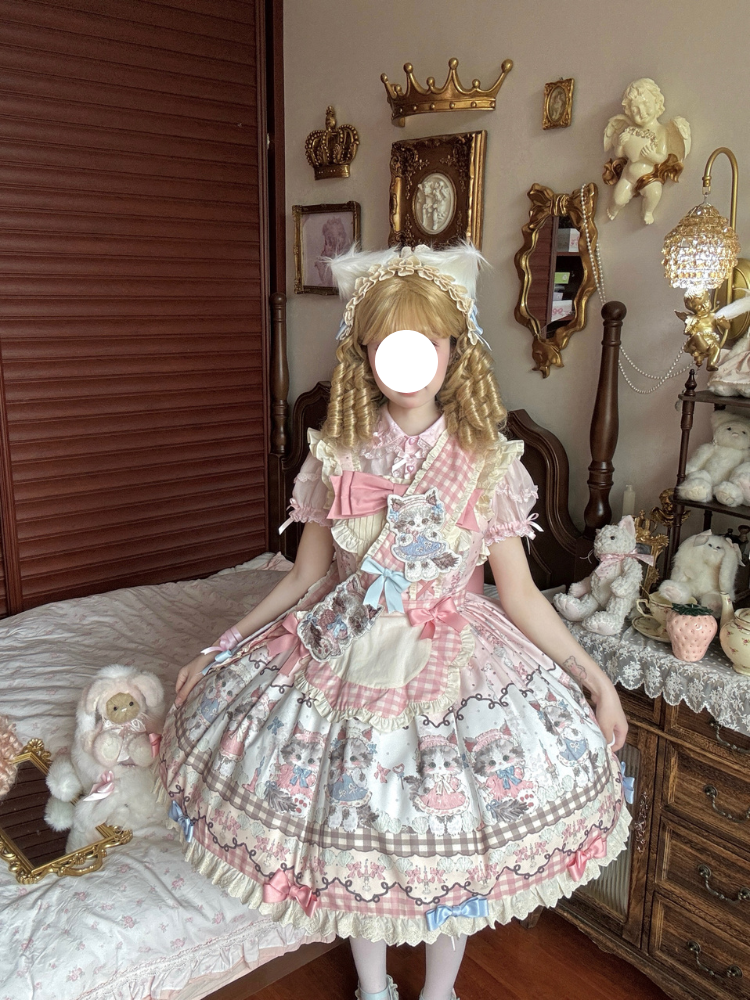 Sweet Lolita Pink Black Meow Meow JSK Fluffy Cat Print Pastel Dress 2 Colors