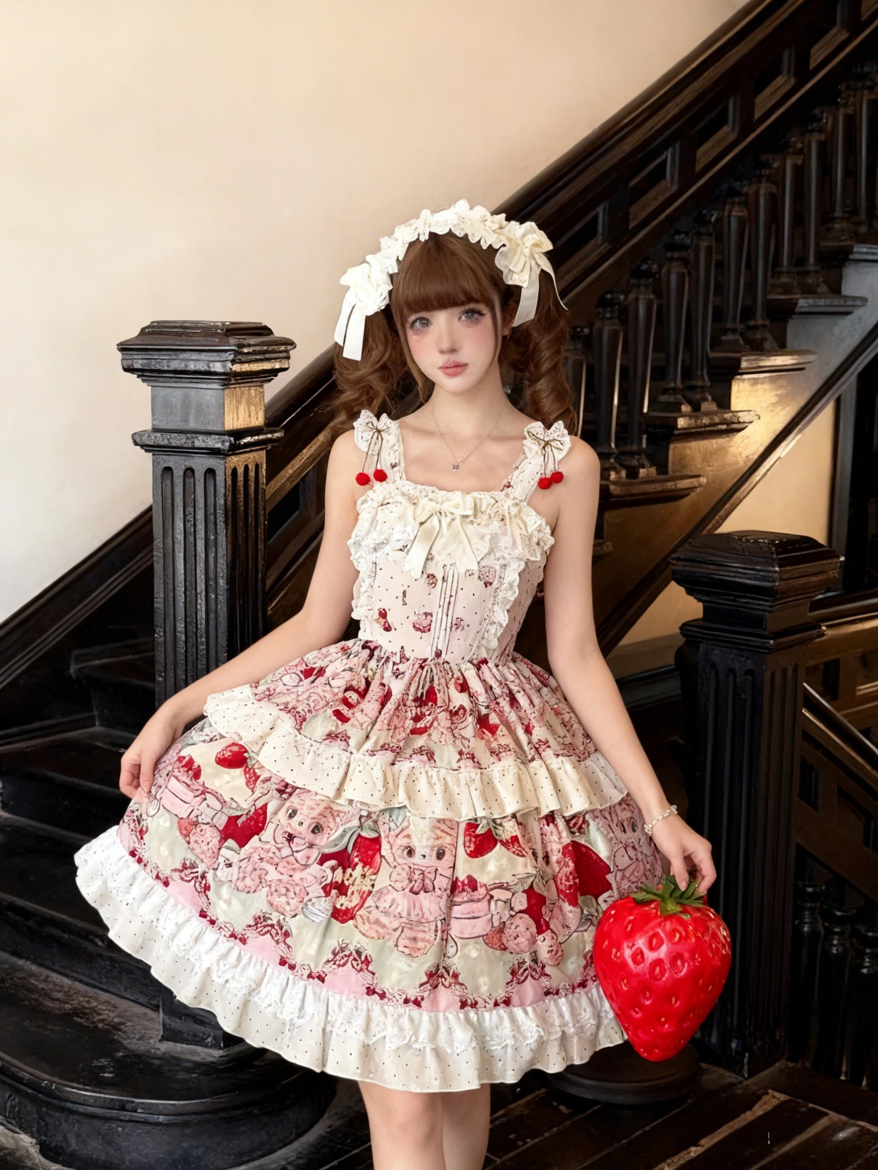 Sweet Lolita Strawberry Apron JSK Set Red White Ruffled Dress Headband