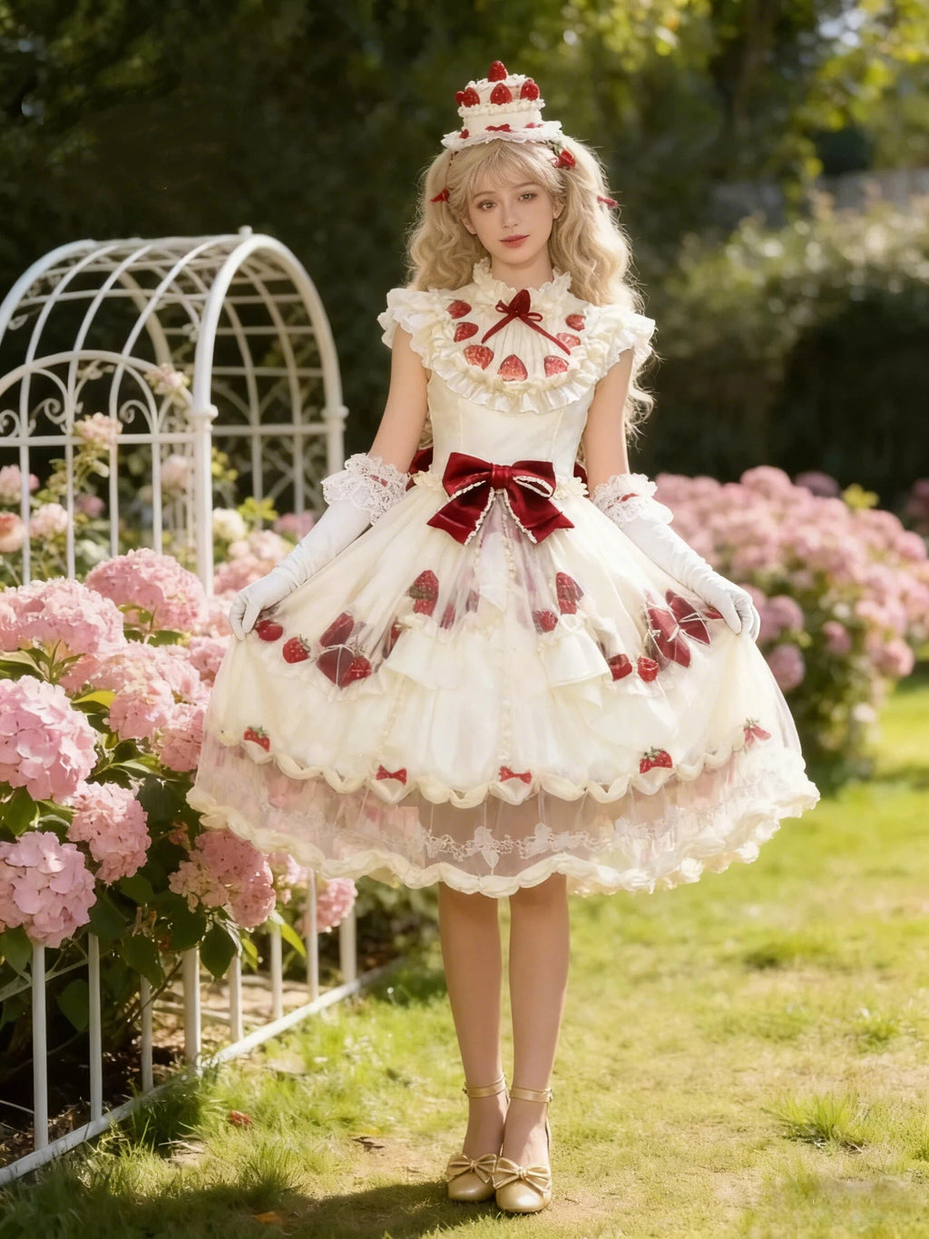 Sweet Lolita Strawberry Cream Ball Gown OP Luxury Tier Rococo Long Dress S-L