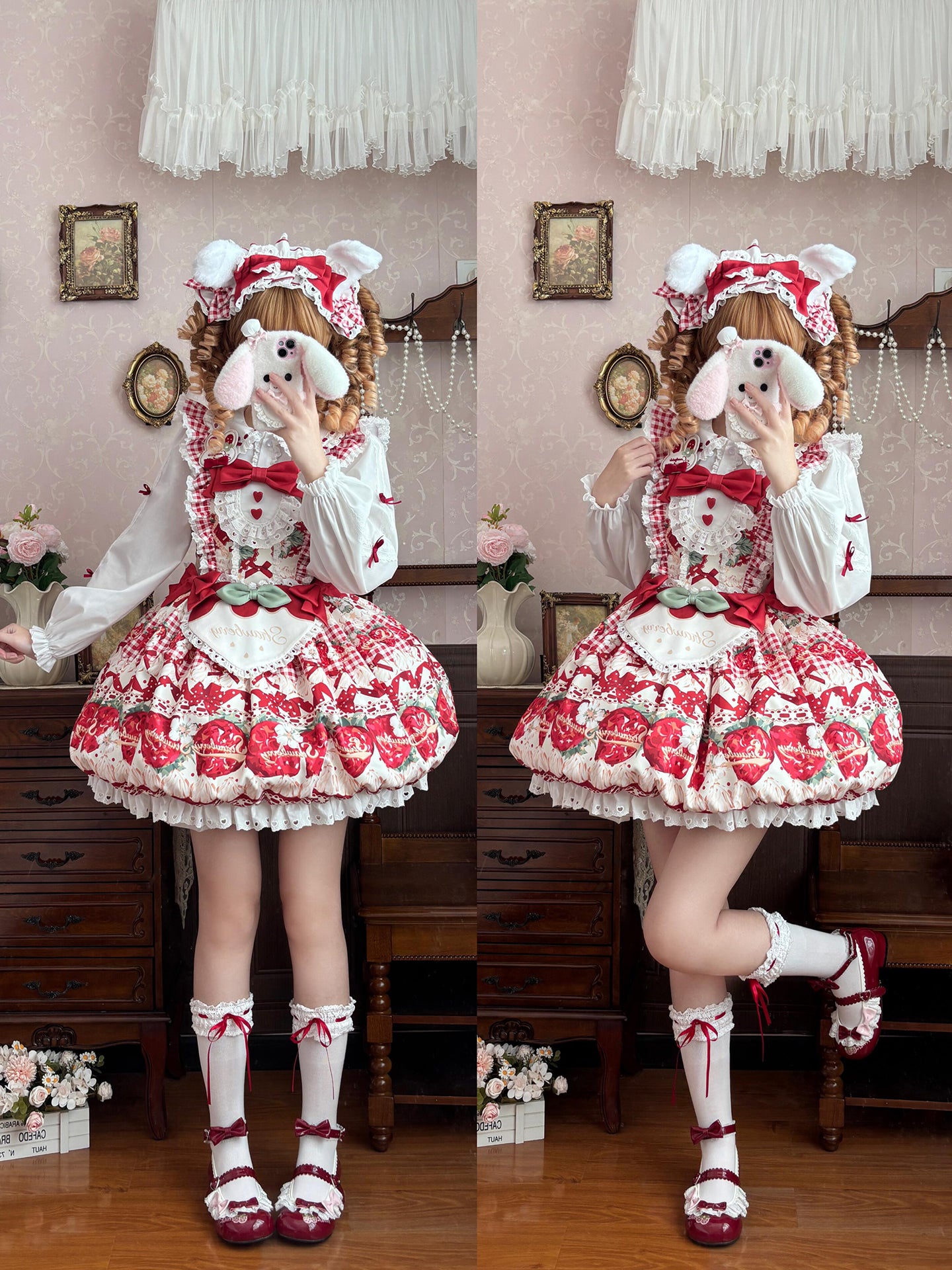 Sweet Lolita Strawberry Dessert Bunny JSK Dress with Ruffled for Tea Party