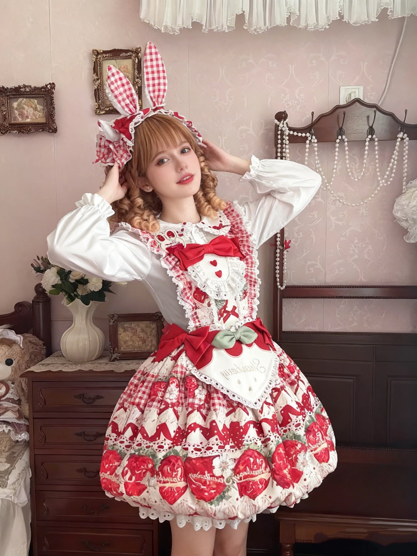 Sweet Lolita Strawberry Dessert Bunny JSK Dress with Ruffled for Tea Party