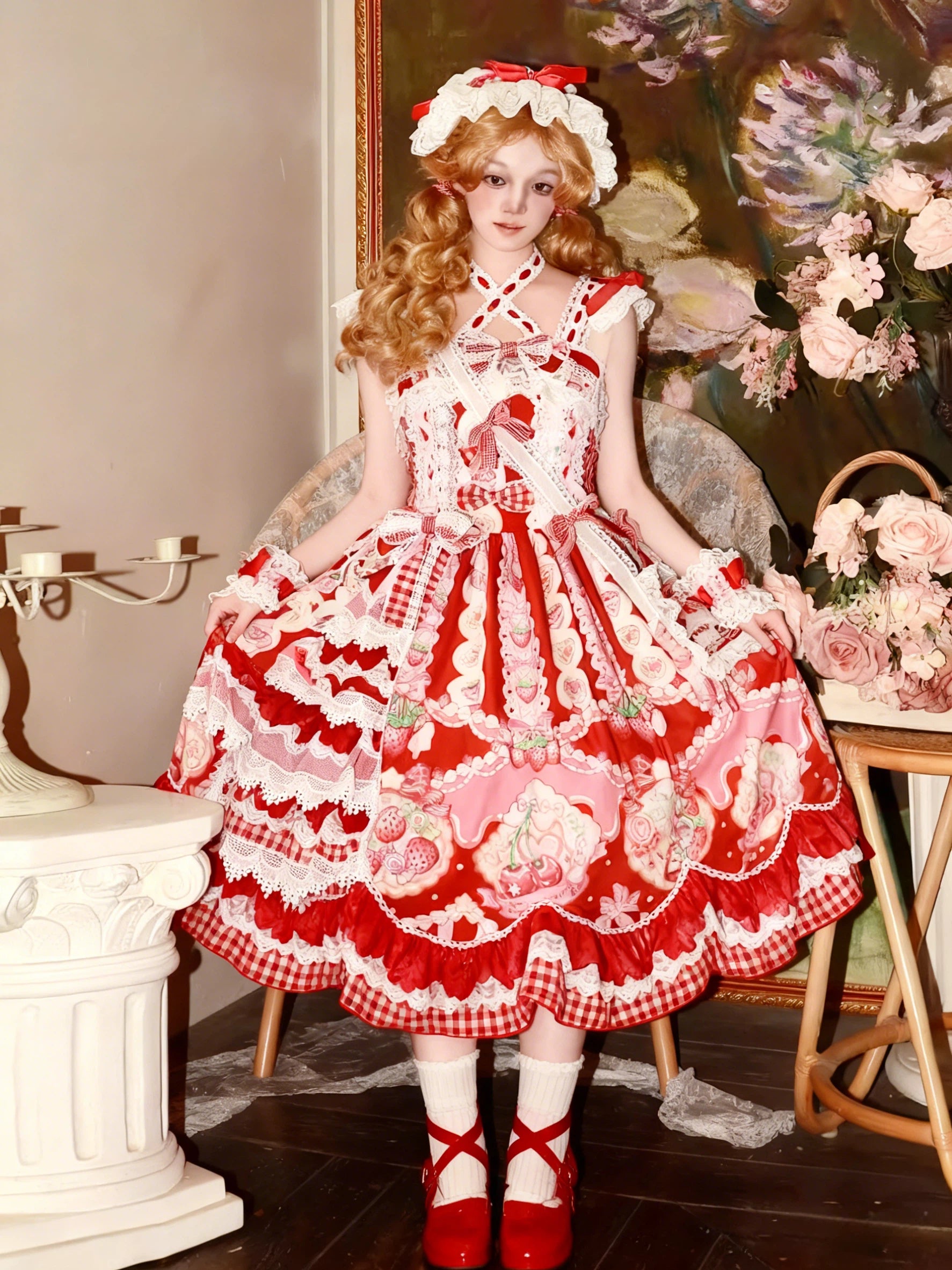 Sweet Lolita Strawberry JSK Dress Red Pink Ruffled Lace Checked Print