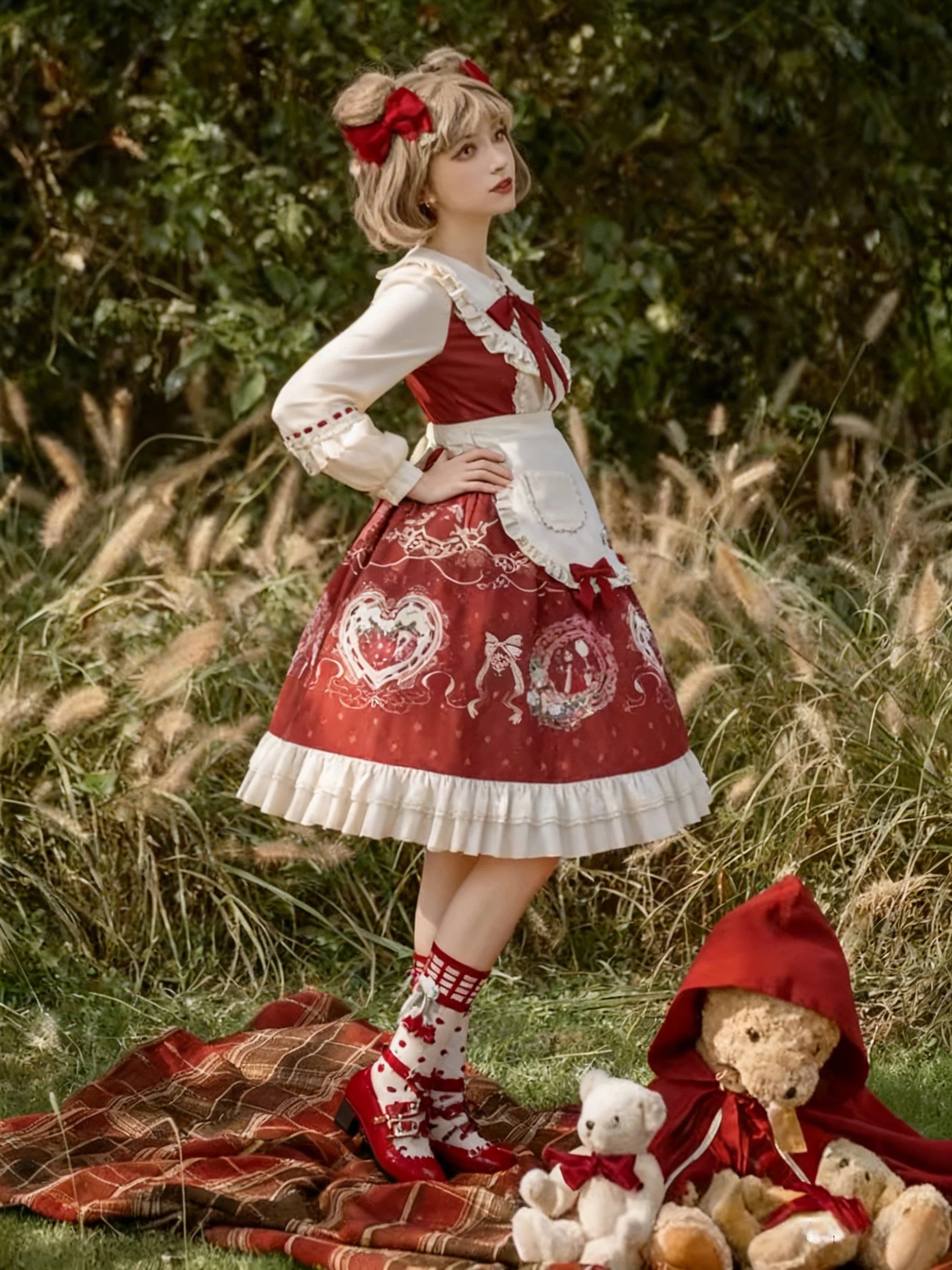 Sweet Lolita Strawberry OP Dress with Cape Burgundy Cream Ruffled Embroidery Set