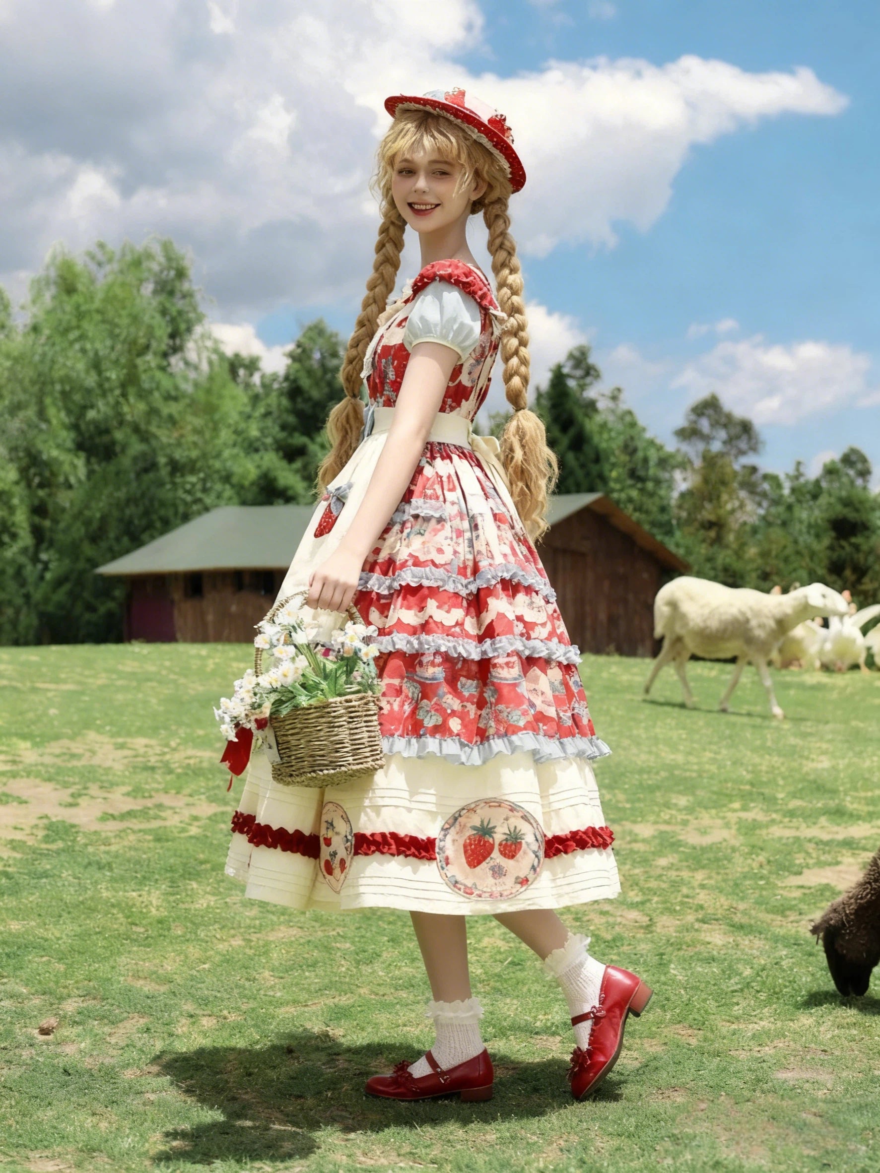 Sweet Lolita Strawberry Tart Dress Red White Rose Print Ruffled Apron