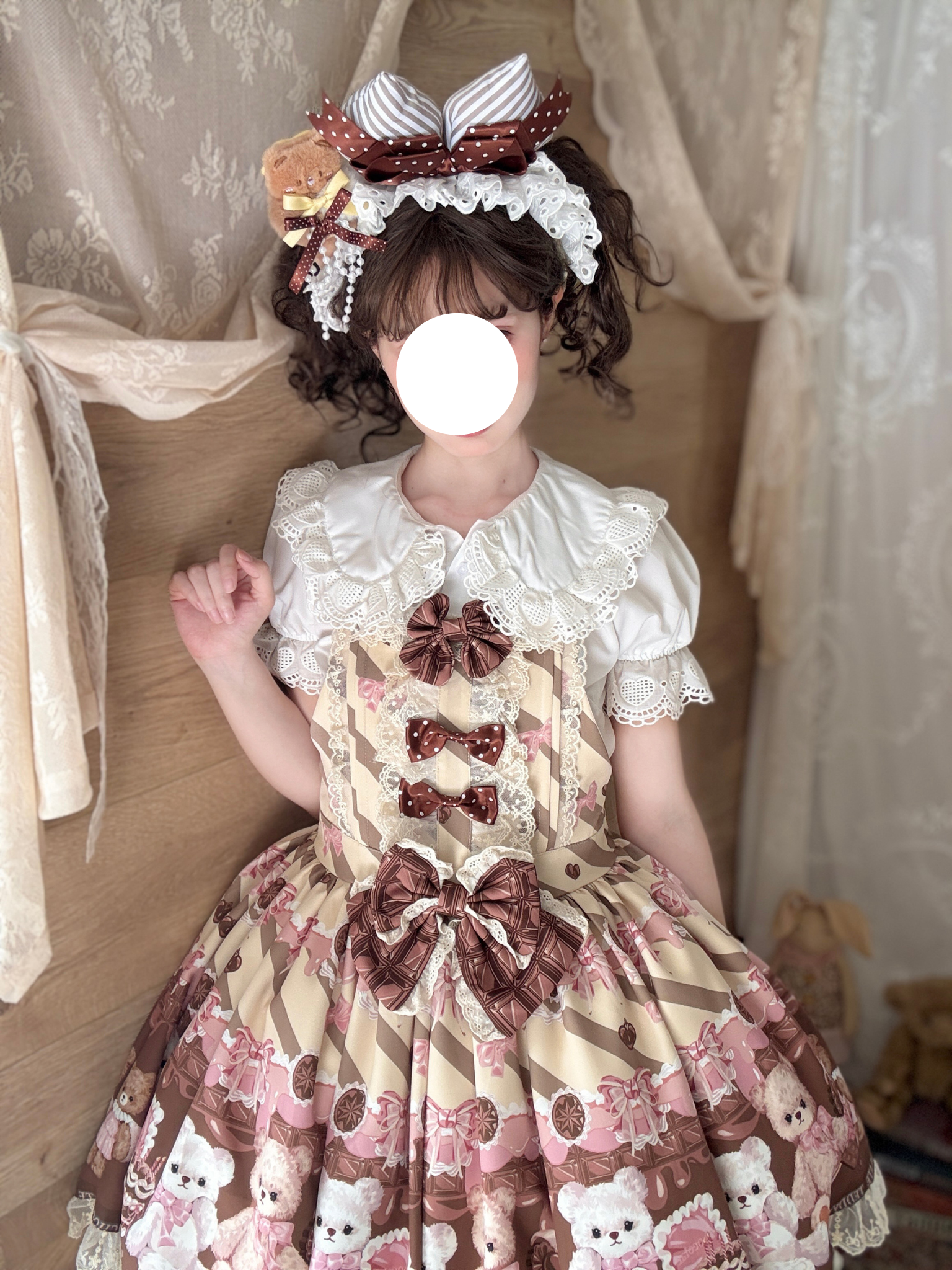 Sweet Lolita Teddy Bear Beige Cream Pink Plush Print Jumperskirt