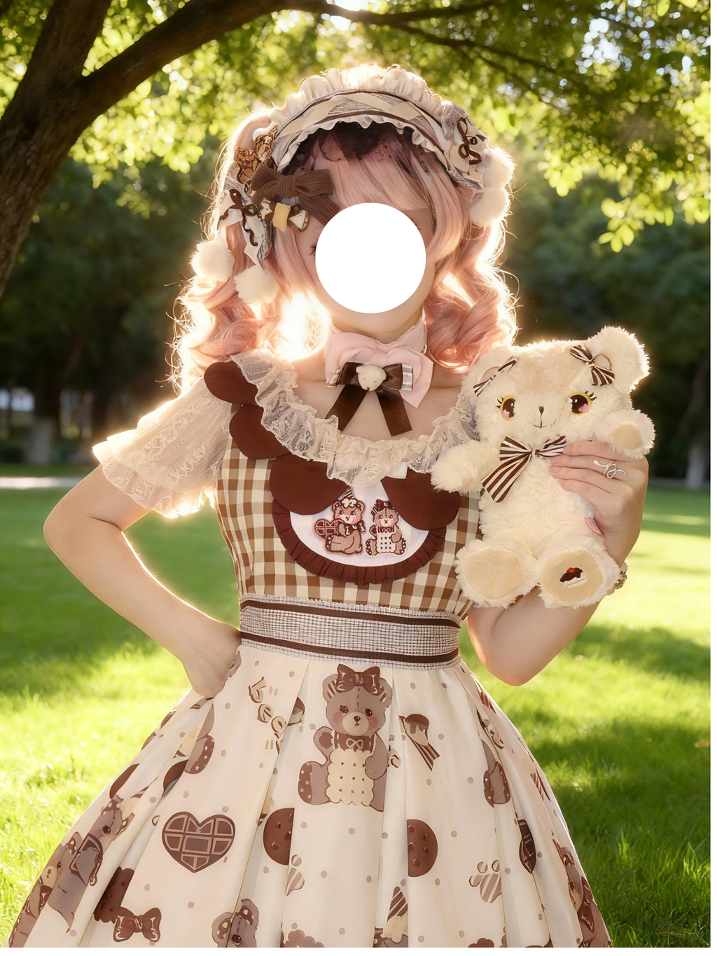 Sweet Lolita Teddy Bear JSK Dress Cream Brown Checked Print with Ruffled Sleeves
