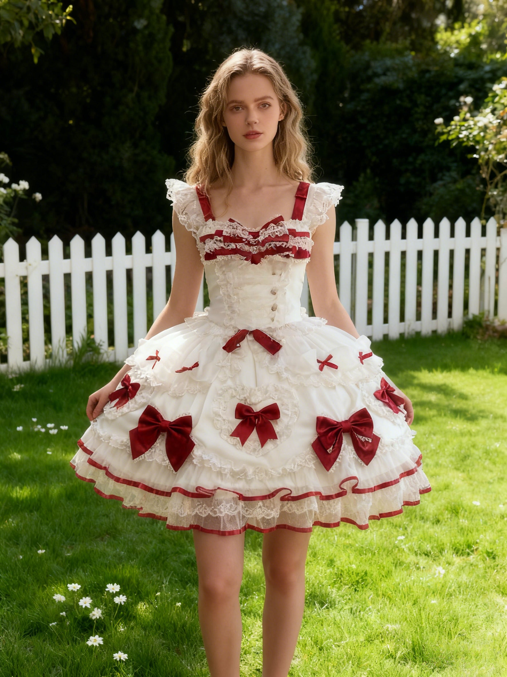 Sweet Lolita Ivory Burgundy Bow JSK Rococo Lace Ruffled Ball Gown Party
