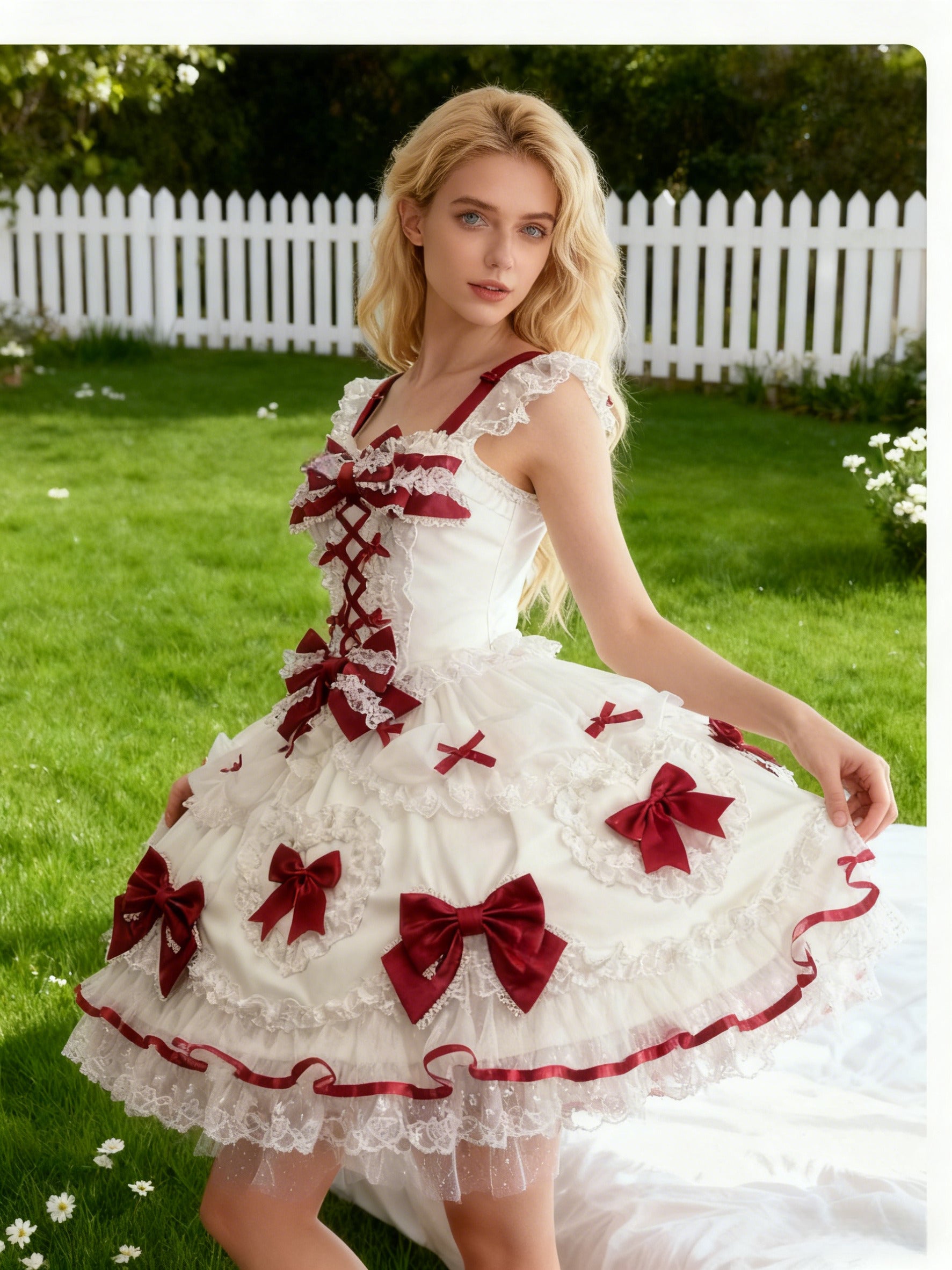 Sweet Lolita Ivory Burgundy Bow JSK Rococo Lace Ruffled Ball Gown Party