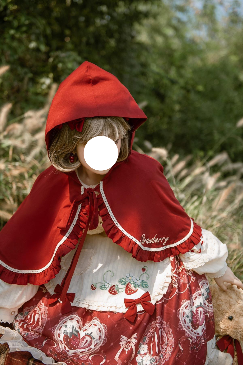 Sweet Lolita Strawberry OP Dress with Cape Burgundy Cream Ruffled Embroidery Set