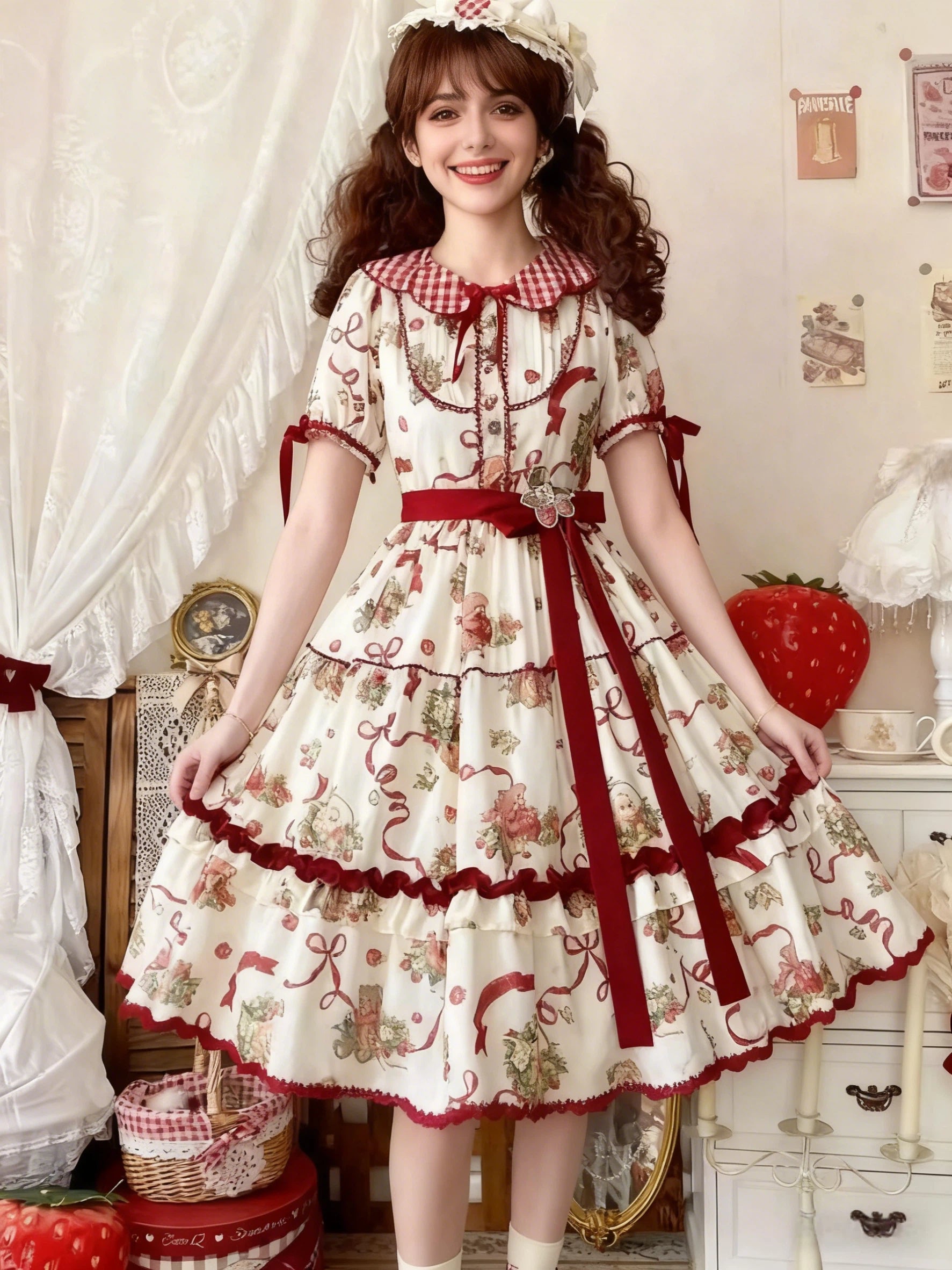 Sweet Lolita Bear Ribbon OP Dress Off-White with Burgundy Bow Checked Collar