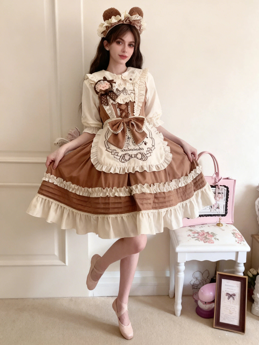 Sweet Lolita Bear Themed Chocolate Khaki Brown Ruffled Apron Jumperskirt