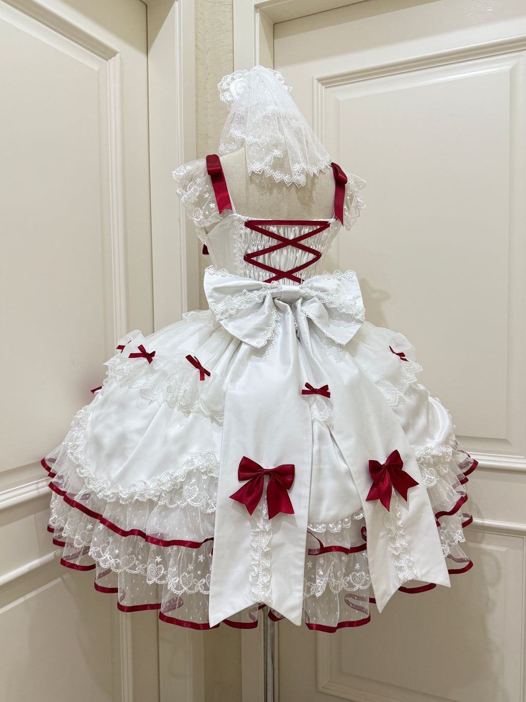 Sweet Lolita Burgundy Bow Dream Dress Ivory Ruffled Gown