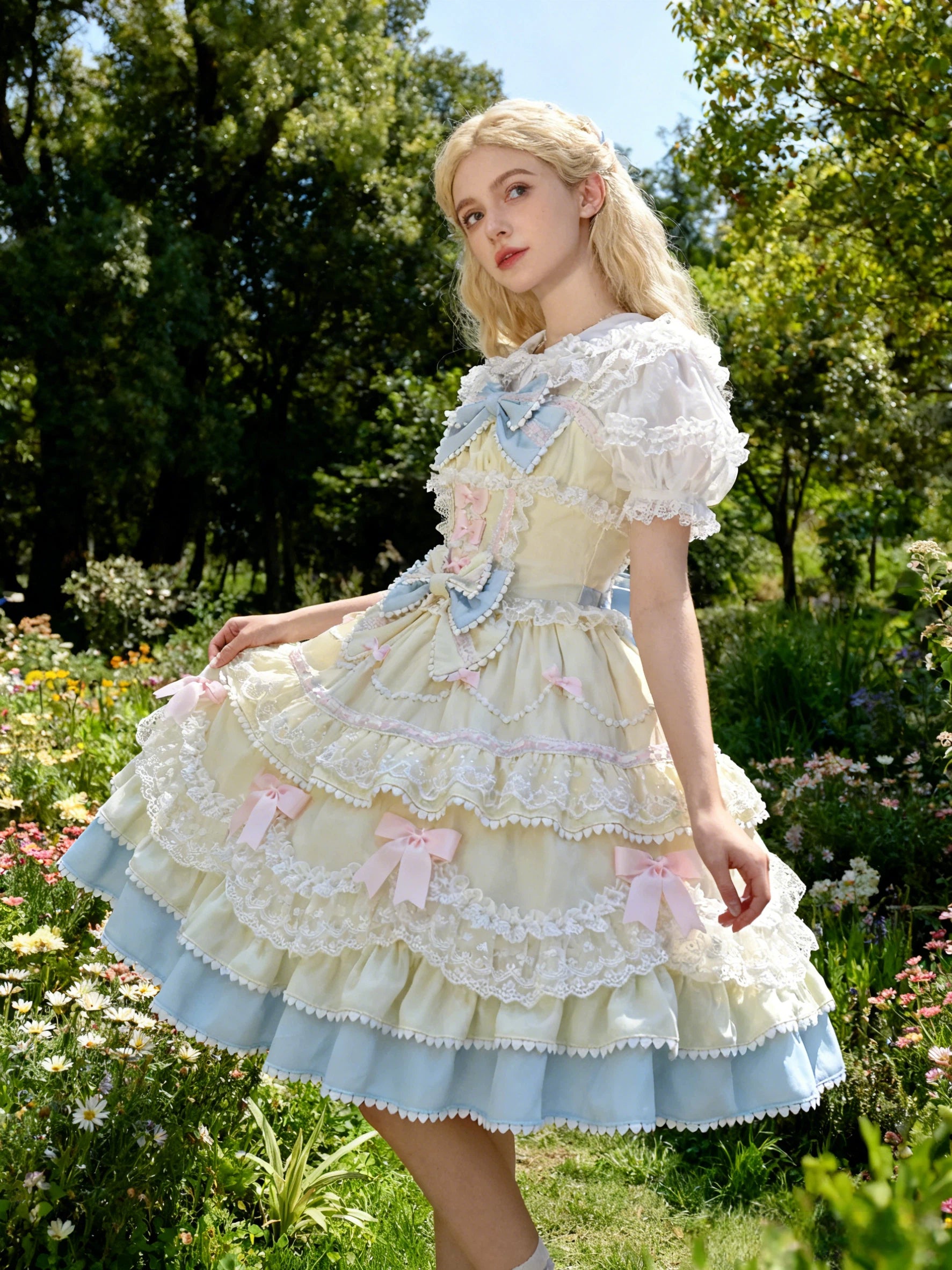 Sweet Lolita Yellow Blue Ruffled Bow Cake Dress Frill Princess Ball Gown for Party