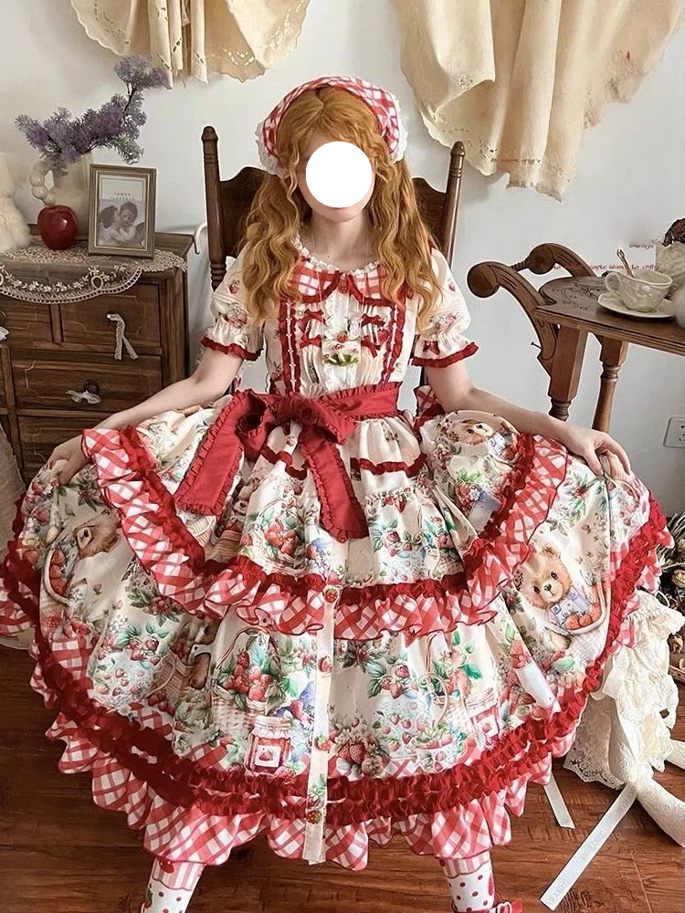 Sweet Lolita Picnic Strawberry OP Dress with Ruffles and Gingham Apron Details