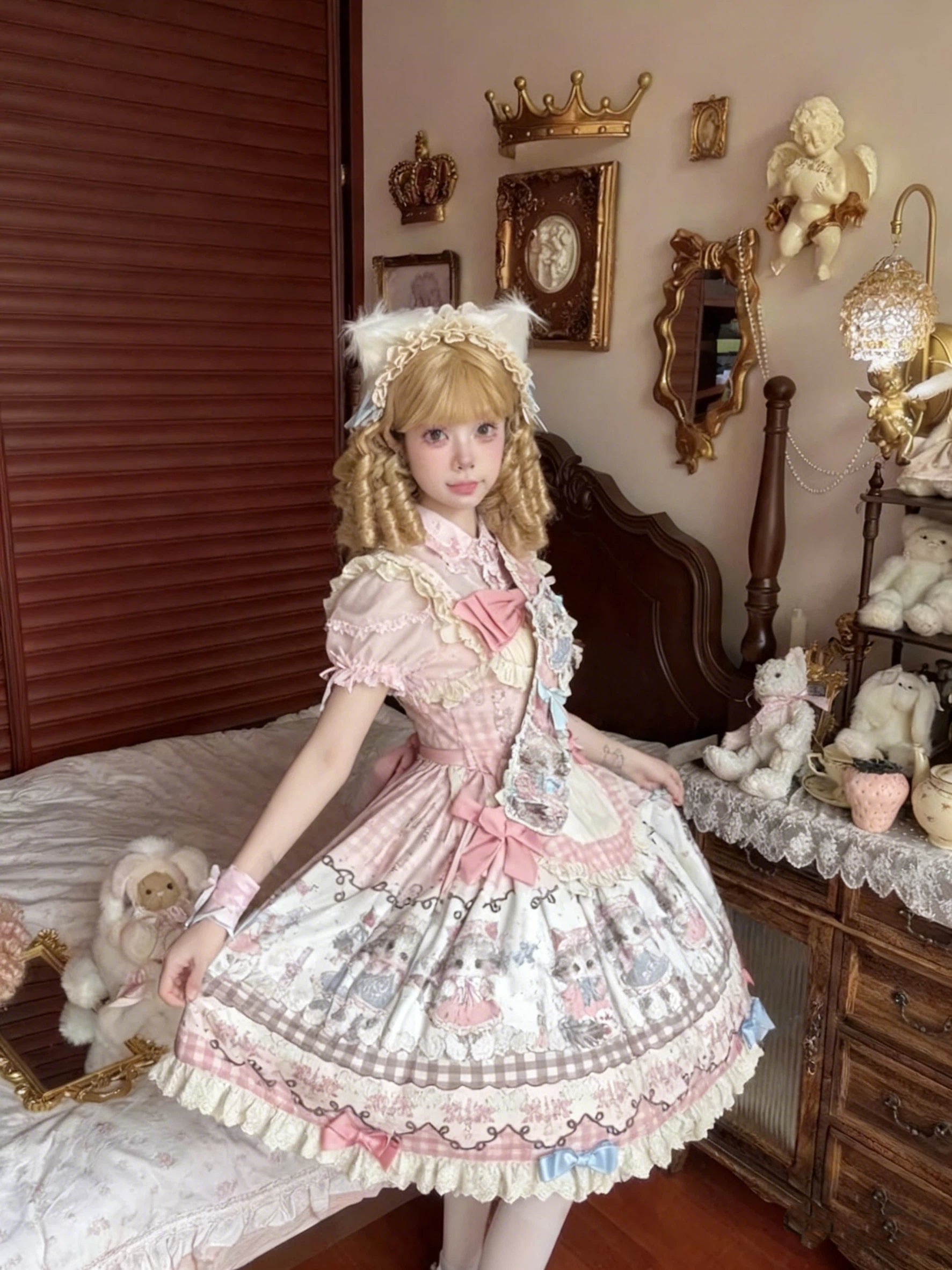 Sweet Lolita Pink Black Meow JSK Fluffy Cat Print Pastel Cake Dress 2 Colors