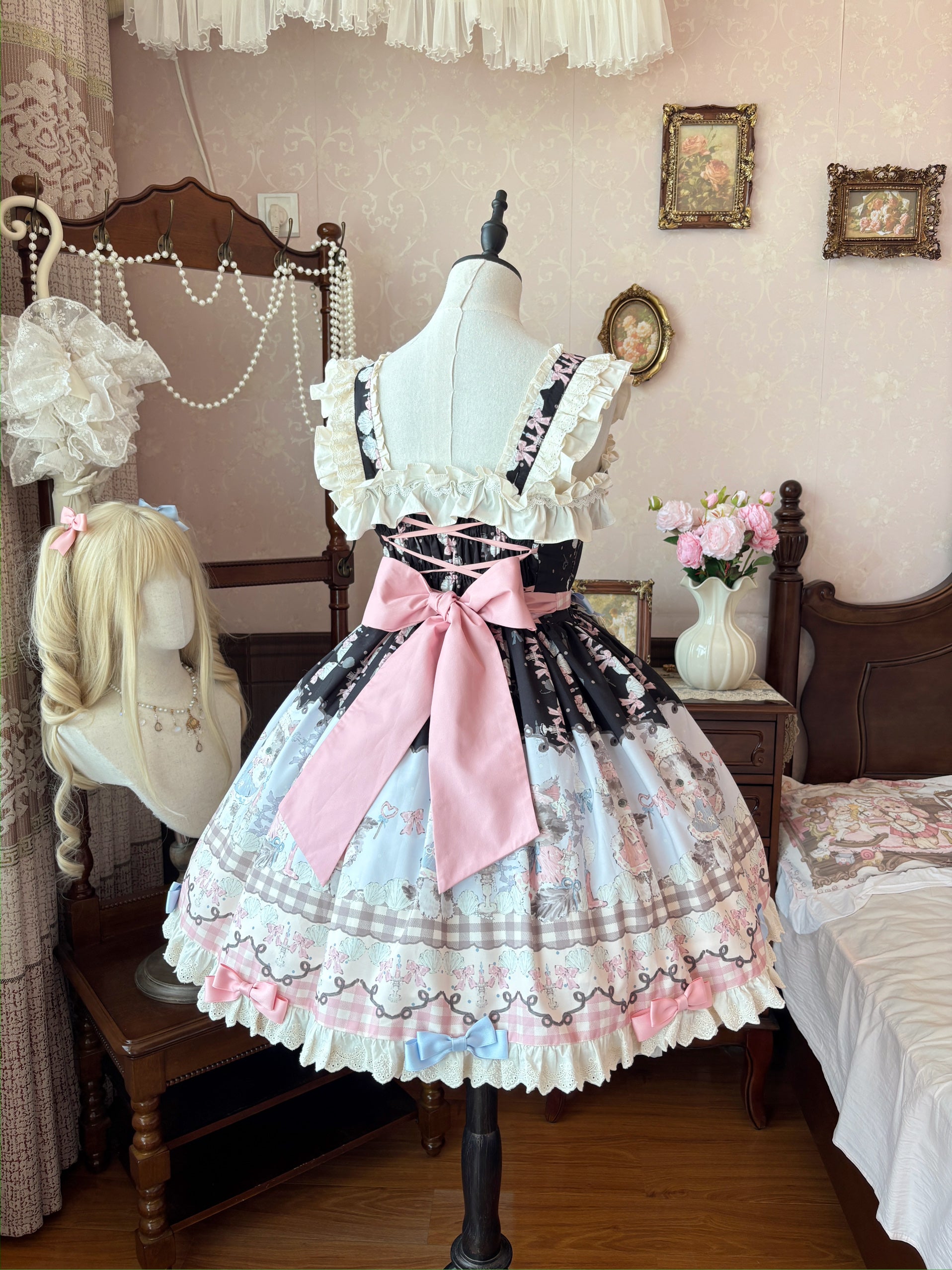 Sweet Lolita Pink Black Meow Meow JSK Fluffy Cat Print Pastel Dress 2 Colors