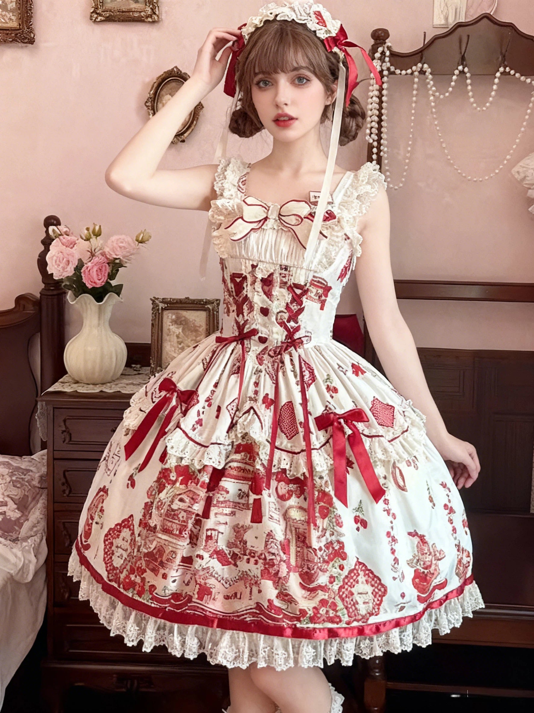 Sweet Lolita Red Castle Dress Ivory with Red Ribbon Lace Castle Print