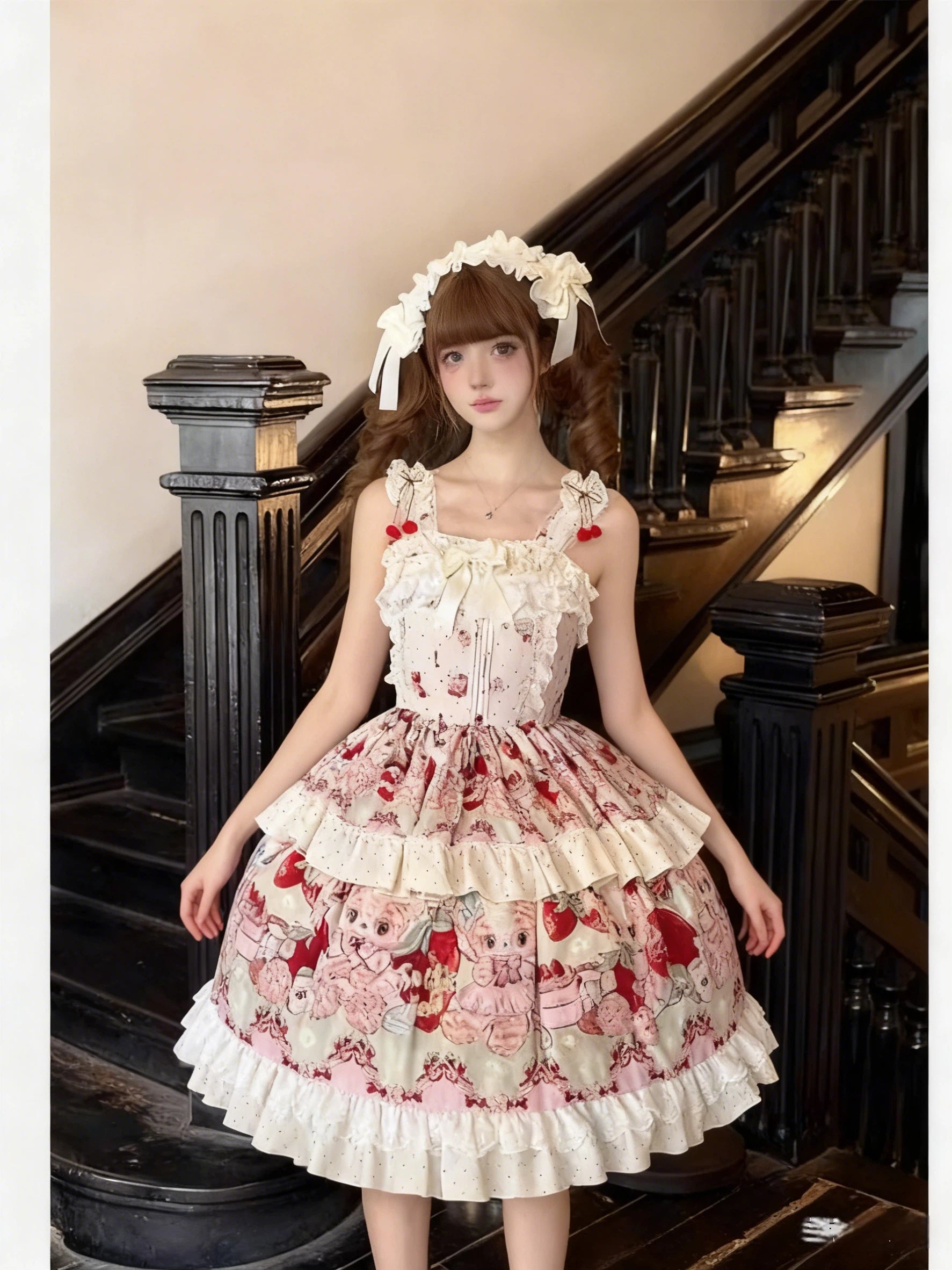 Sweet Lolita Strawberry Apron JSK Set Red White Ruffled Dress Headband