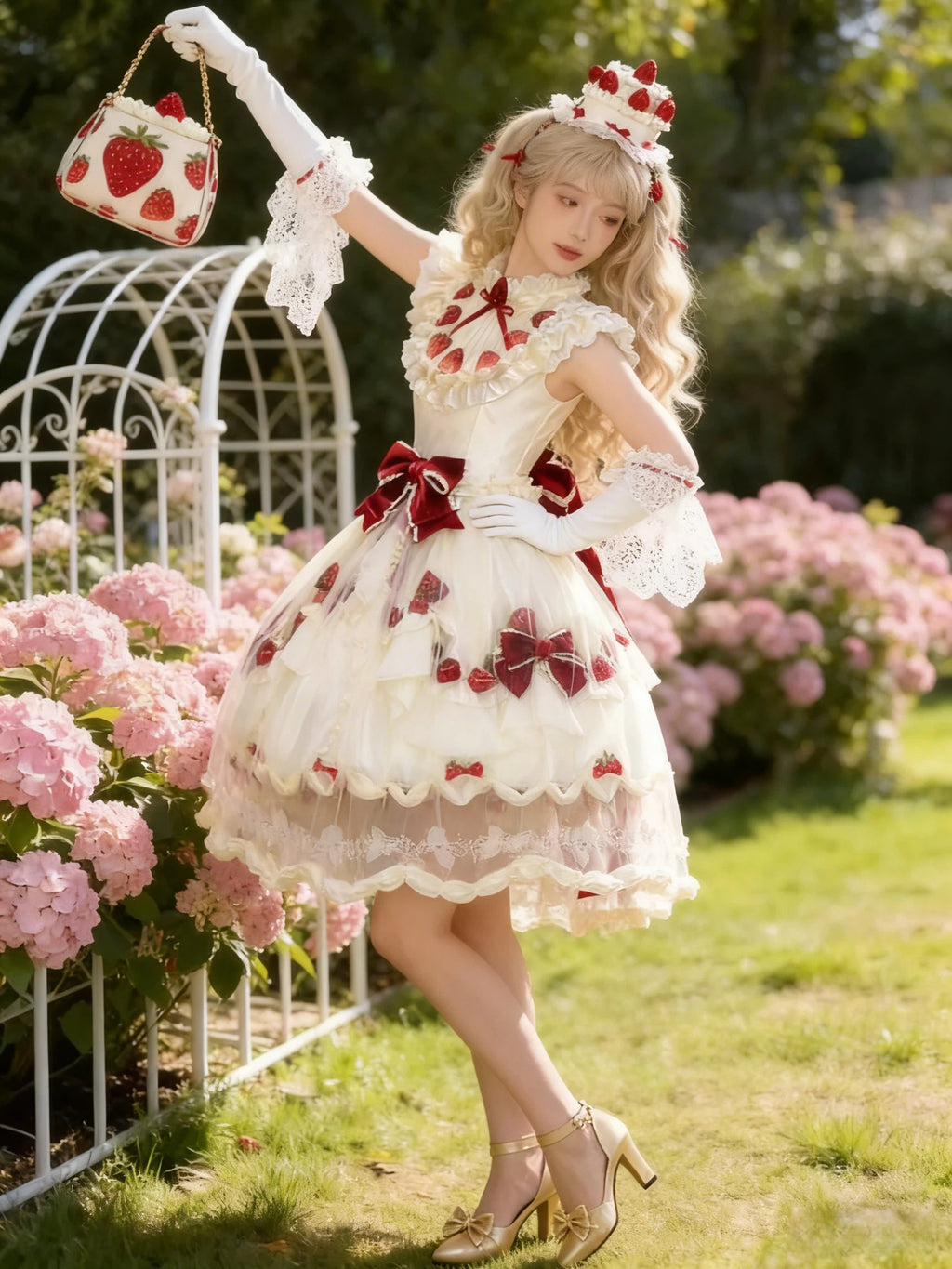 Sweet Lolita Strawberry Cream Ball Gown OP Luxury Tier Rococo Long Dress S-L