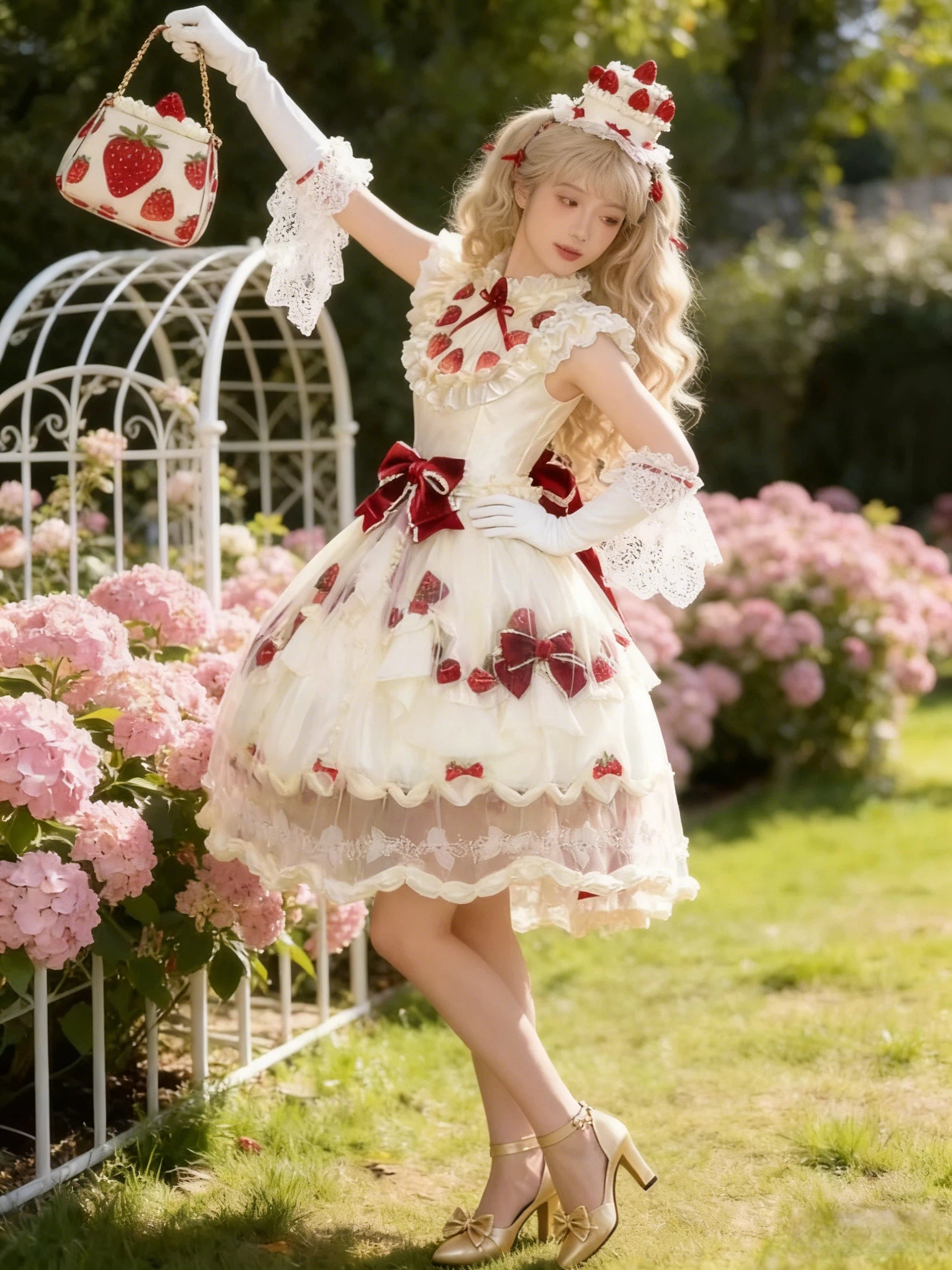 Sweet Lolita Strawberry Cream Ball Gown OP Luxury Tier Rococo Long Dress S-L