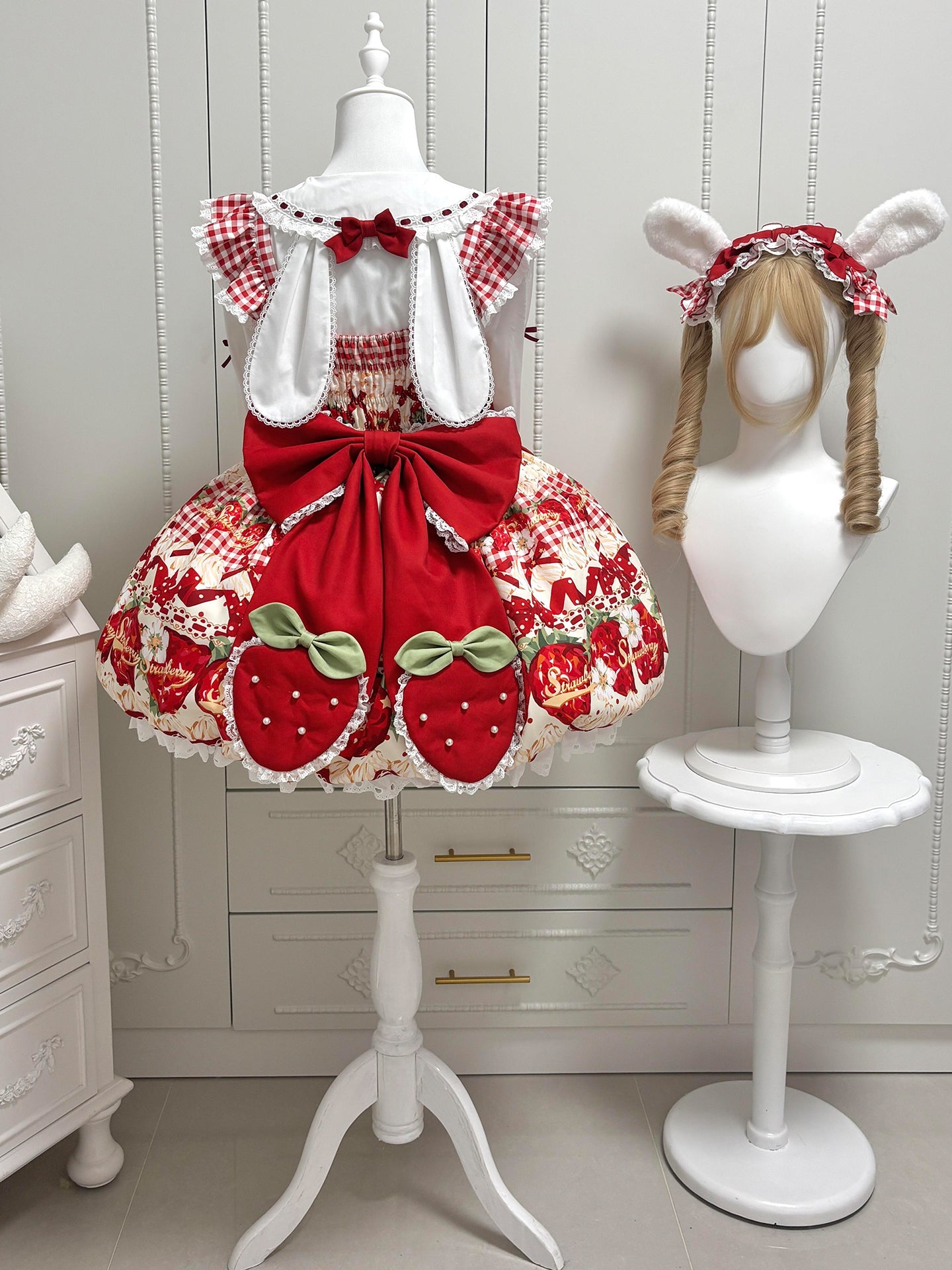 Sweet Lolita Strawberry Dessert Bunny JSK Dress with Ruffled for Tea Party