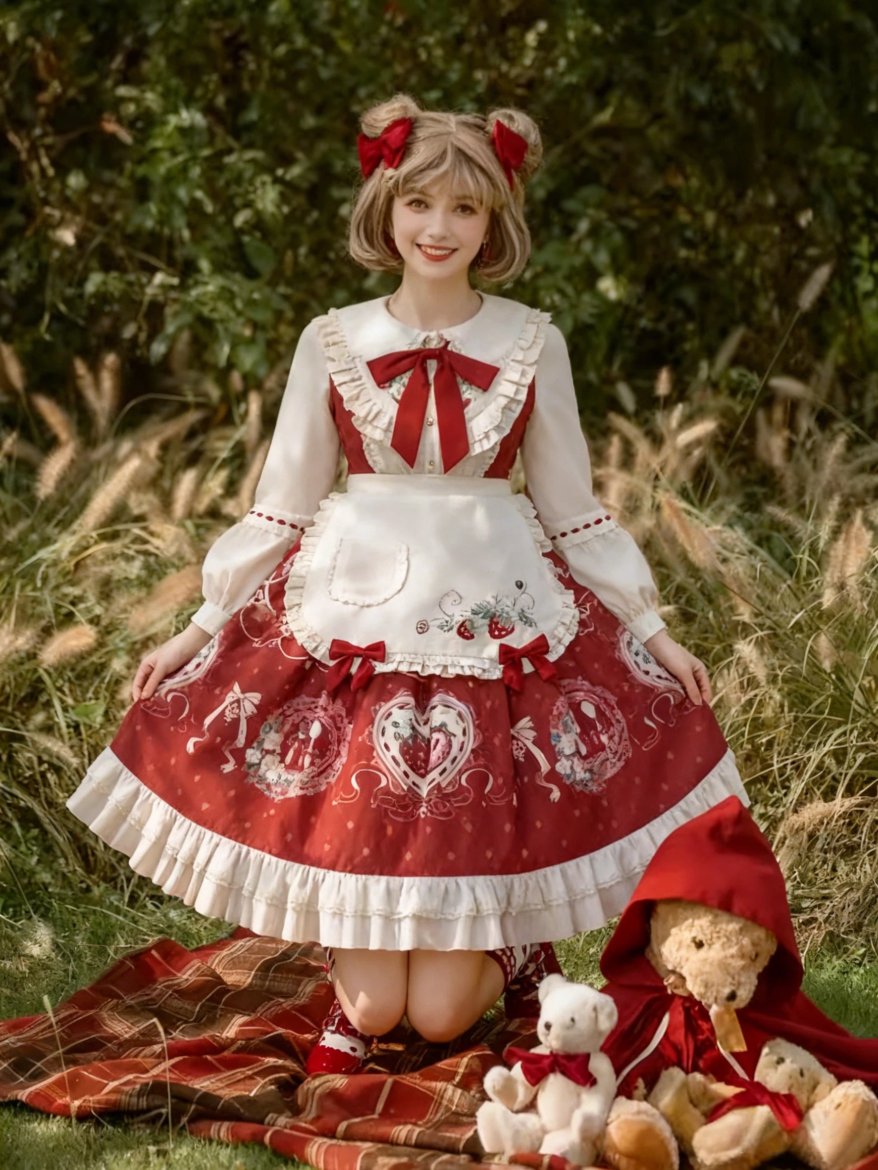 Sweet Lolita Strawberry OP Dress with Cape Burgundy Cream Ruffled Embroidery Set