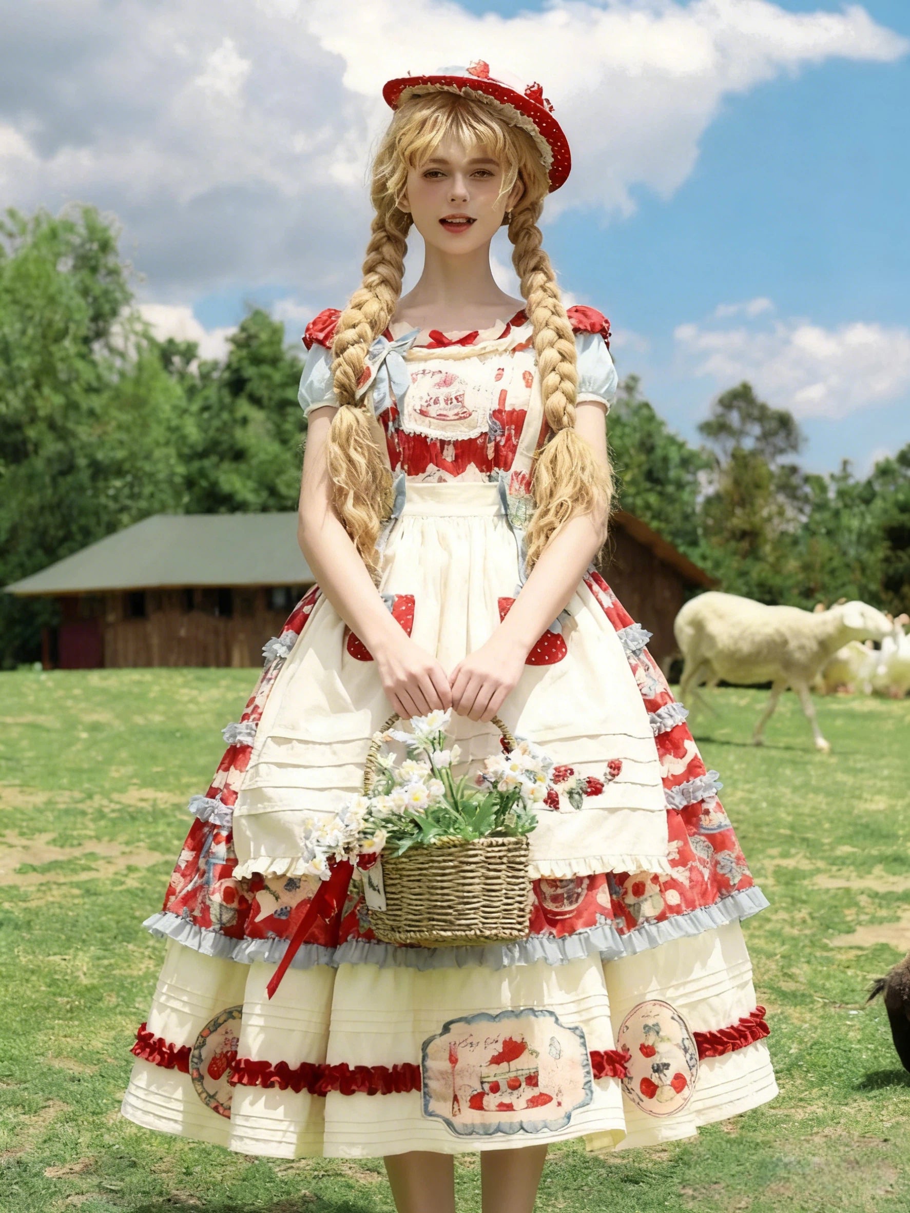 Sweet Lolita Strawberry Tart Dress Red White Rose Print Ruffled Apron