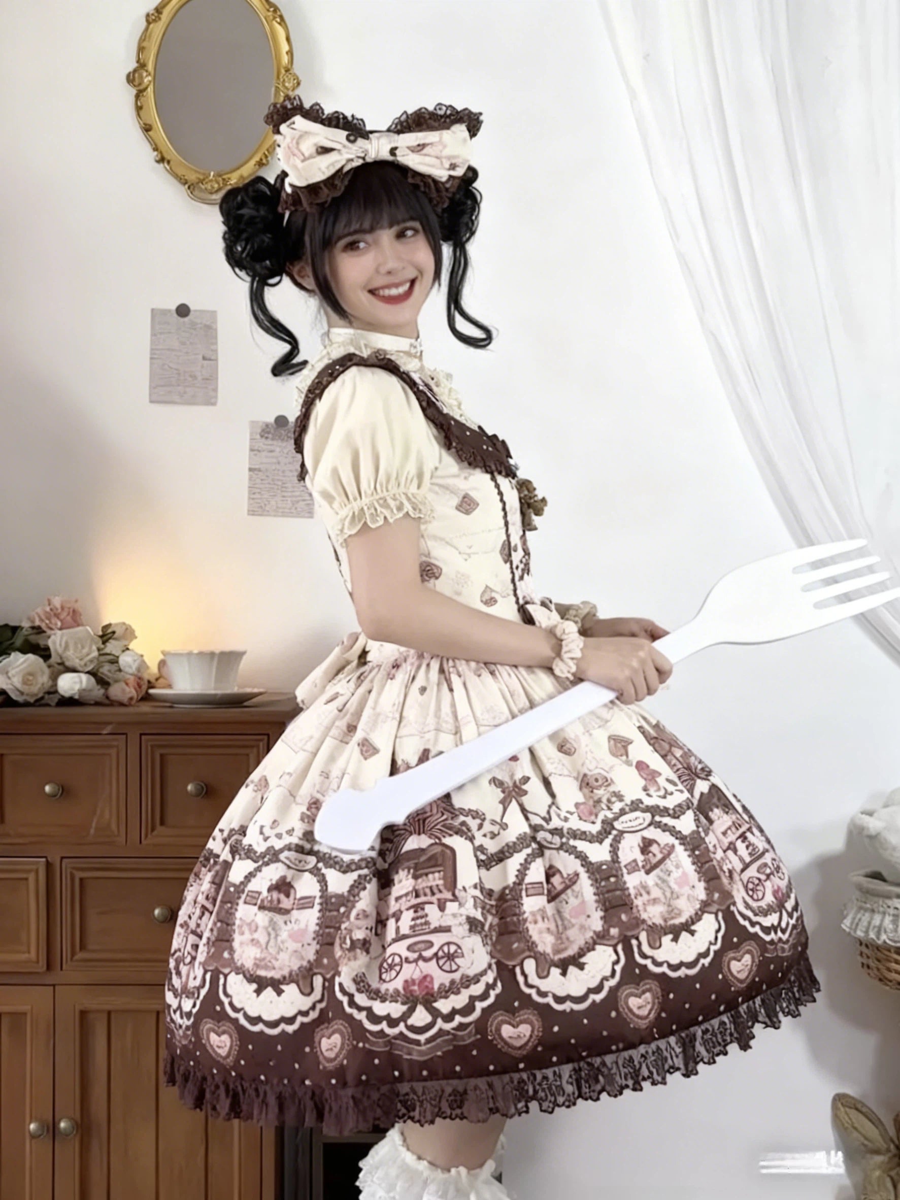 Sweet Lolita Teddy Bear Beige Cream Cake Dress Pink Plush Print Jumperskirt