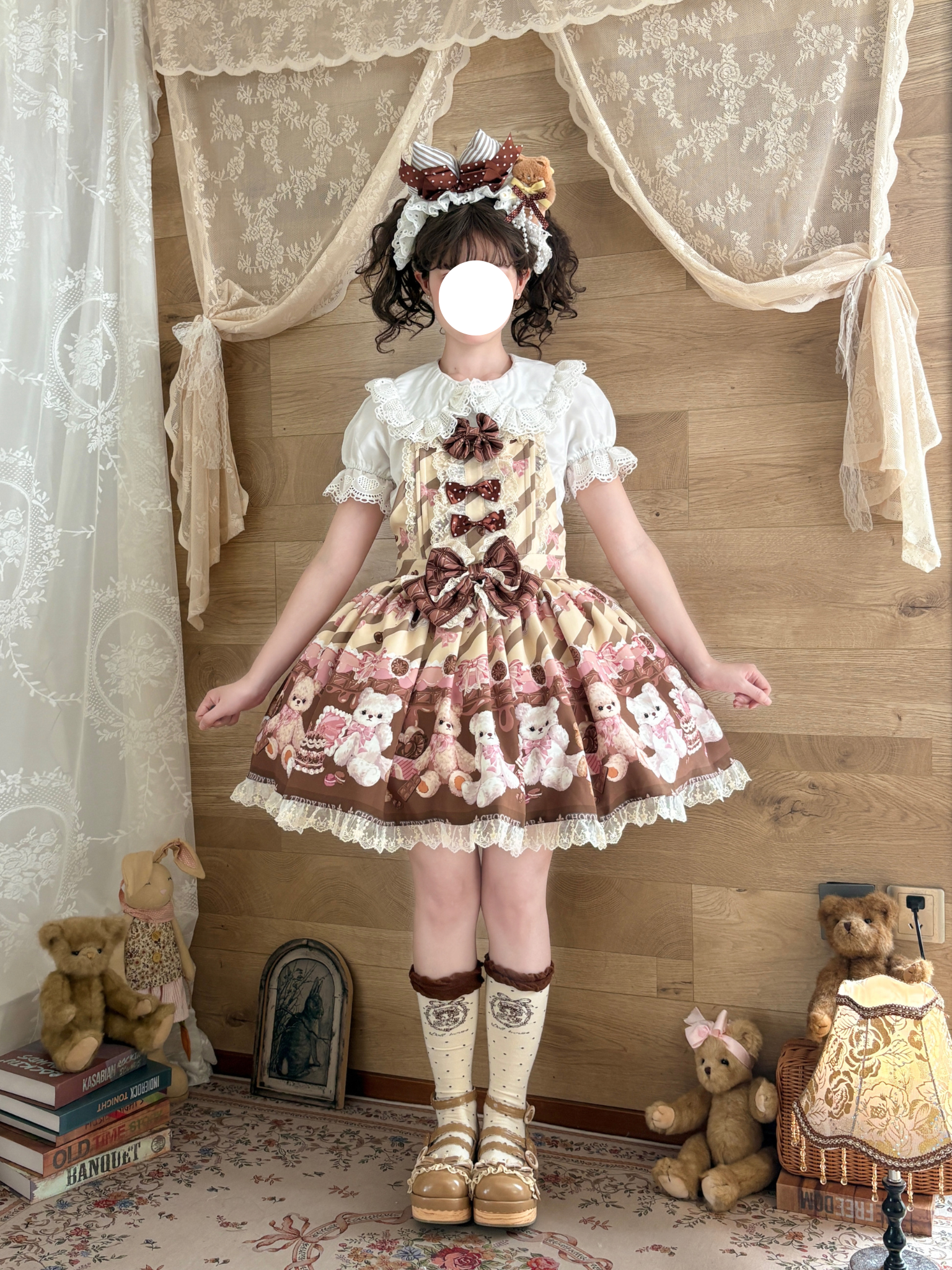 Sweet Lolita Teddy Bear Beige Cream Pink Plush Print Jumperskirt