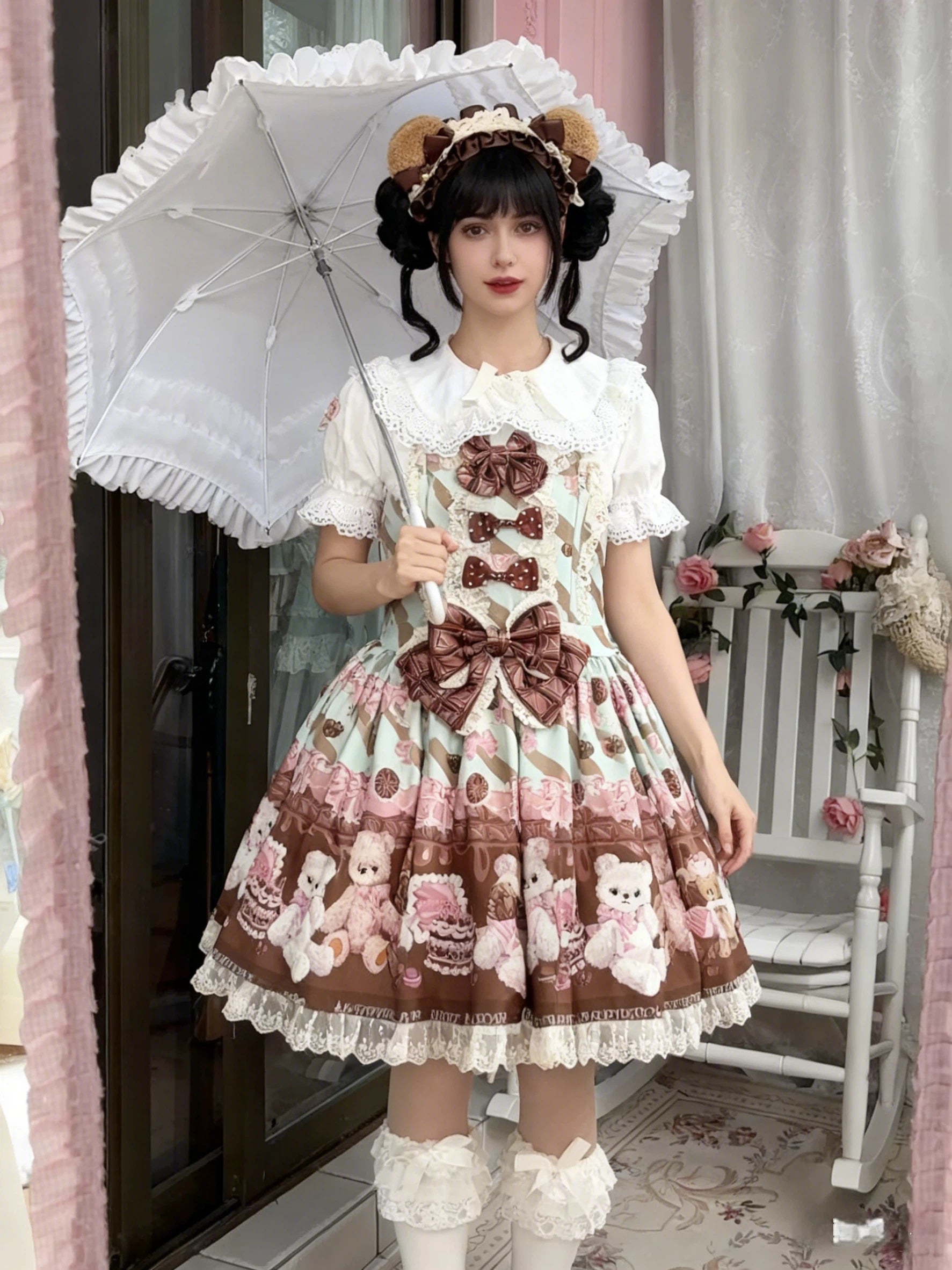 Sweet Lolita Teddy Bear Mint Green Cake Dress Plush Print Jumperskirt