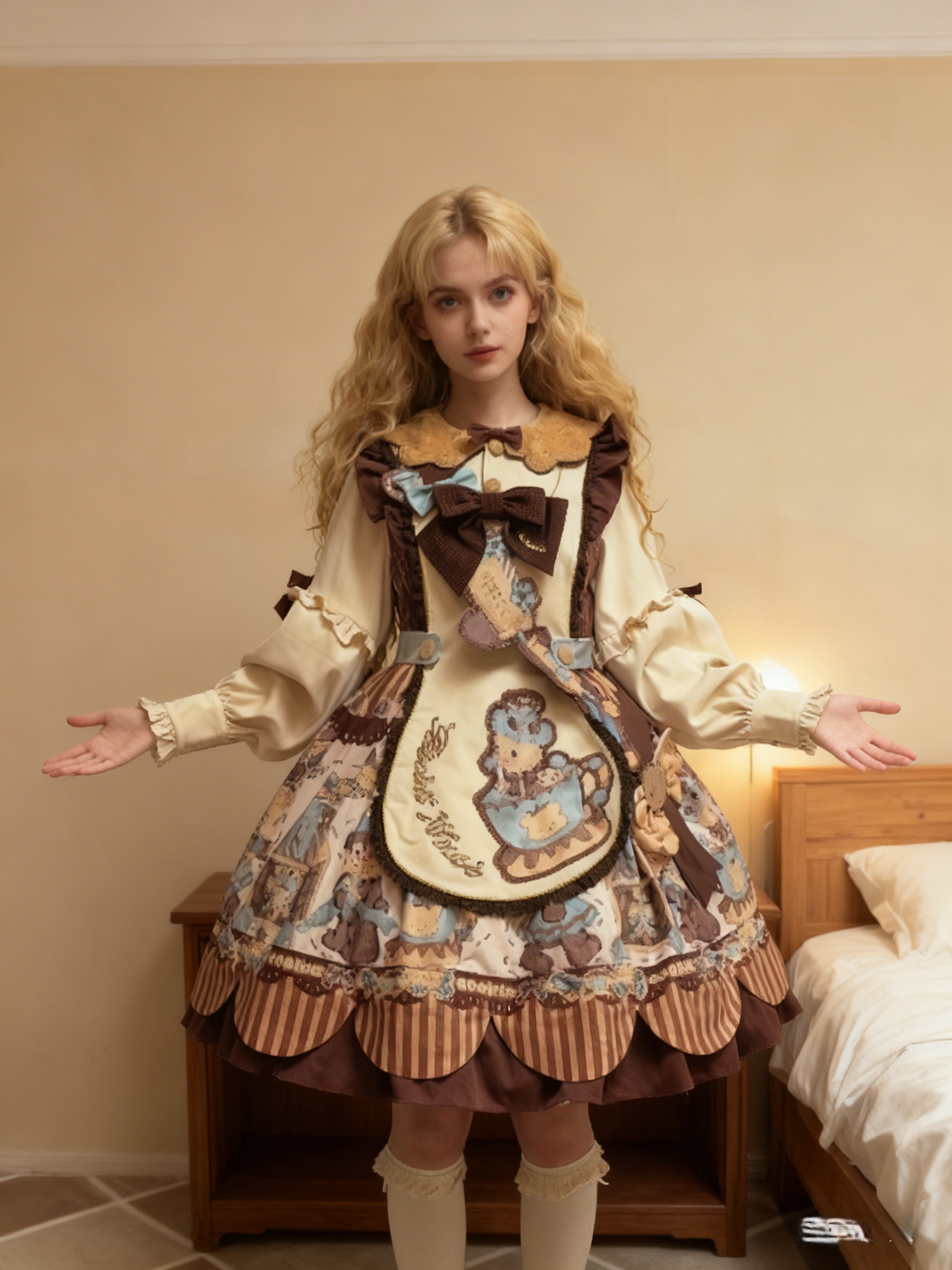 Sweet Lolita Teddy Bear Chocolate OP Set Beige Brown Tea Party Print Plus Size