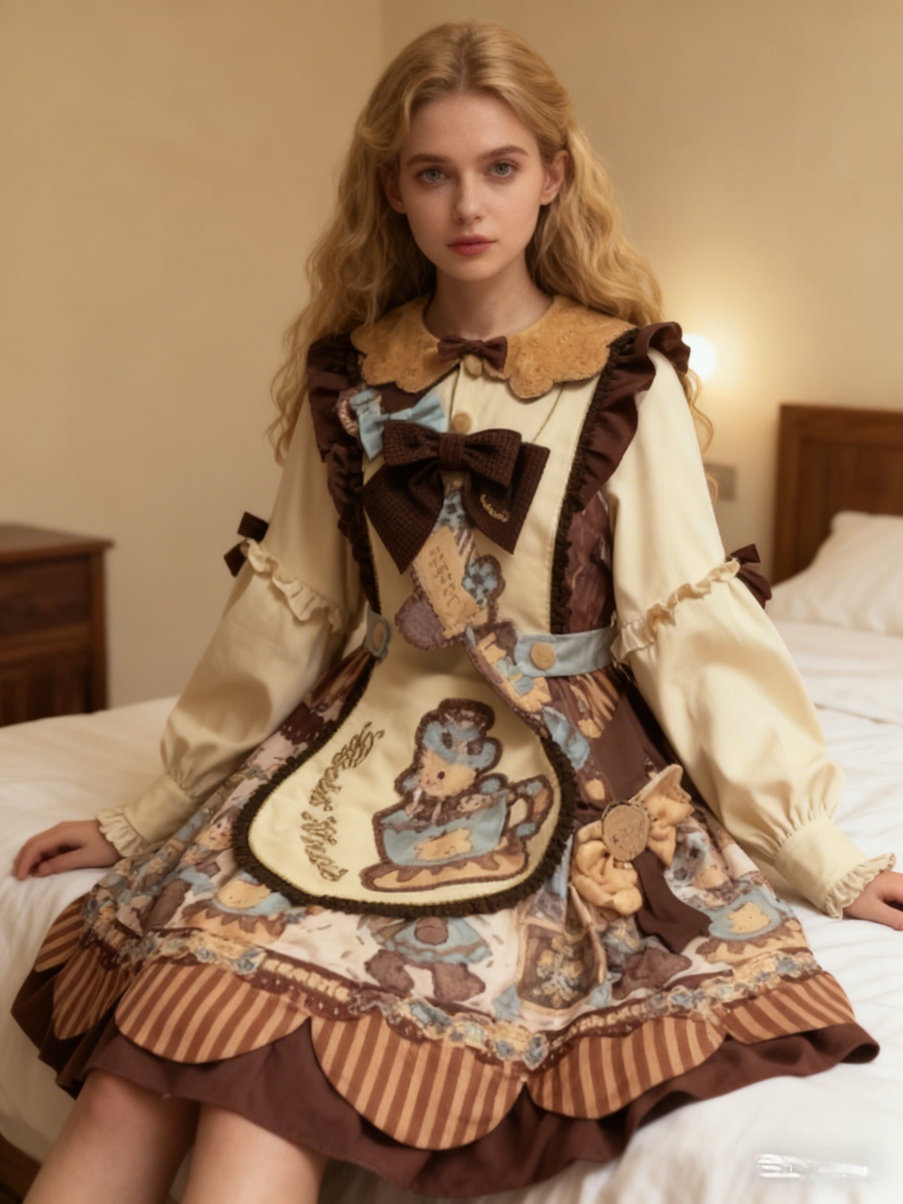 Sweet Lolita Teddy Bear Chocolate OP Set Beige Brown Tea Party Print Plus Size