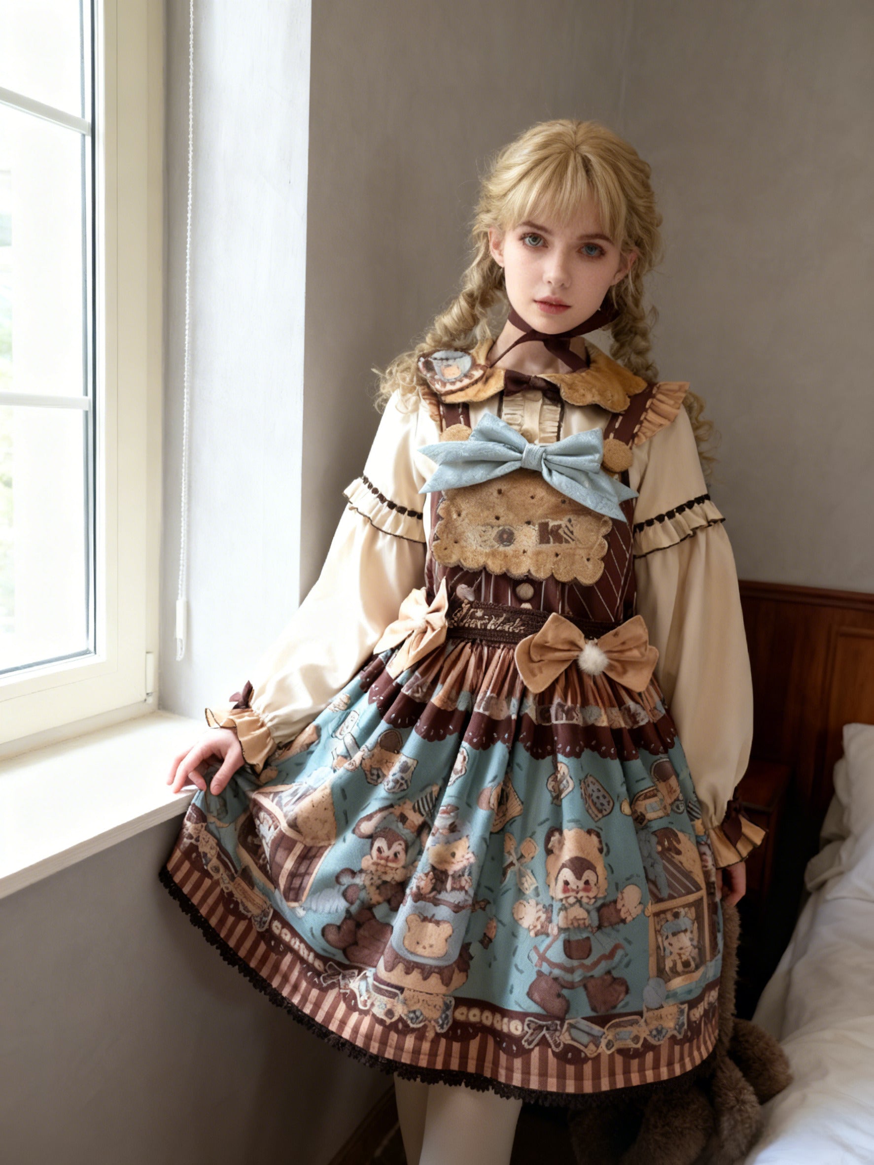 Sweet Lolita Teddy Bear Chocolate OP Set Beige Brown Tea Party Print Plus Size