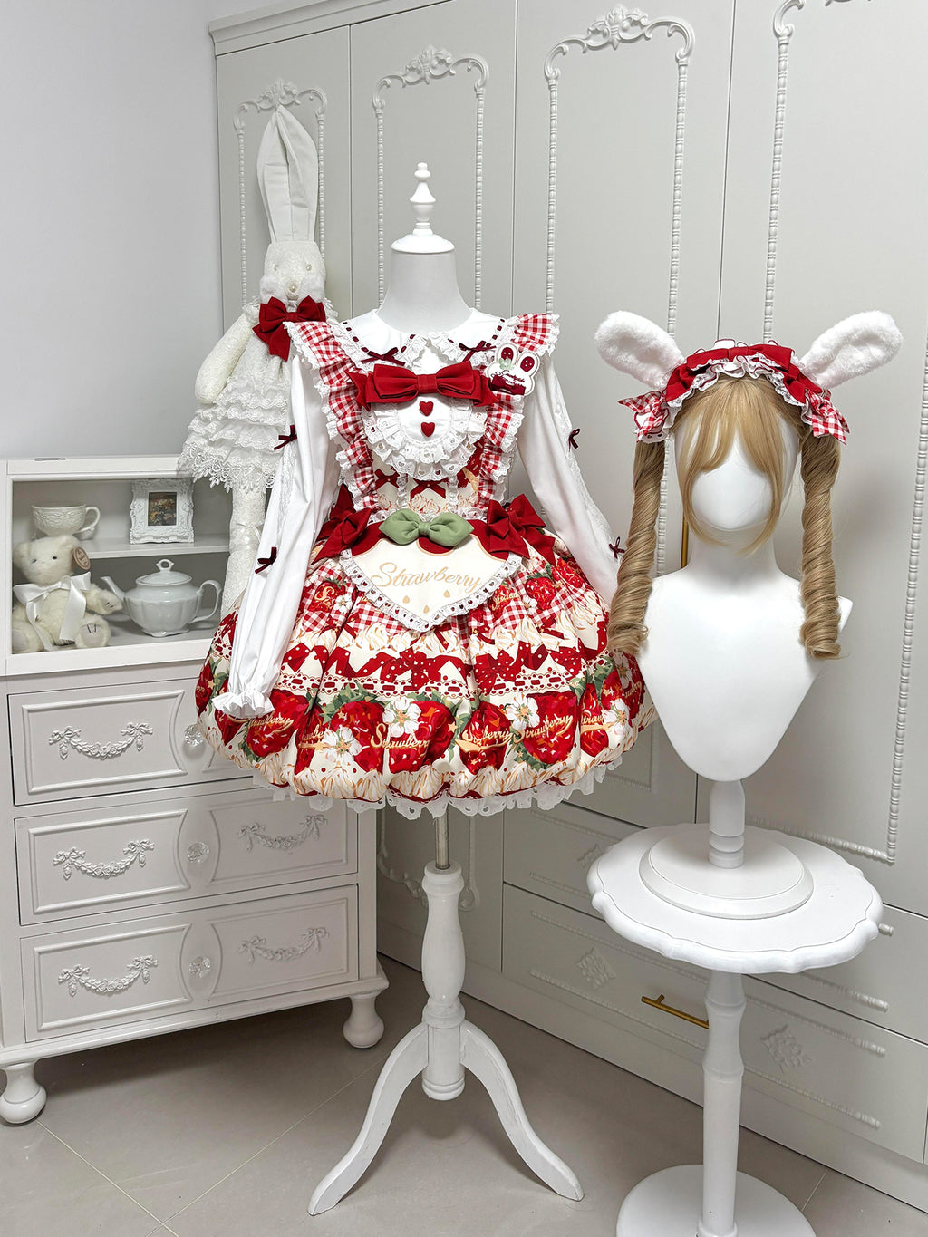 Sweet Lolita Strawberry Dessert Bunny JSK Dress with Ruffled for Tea Party
