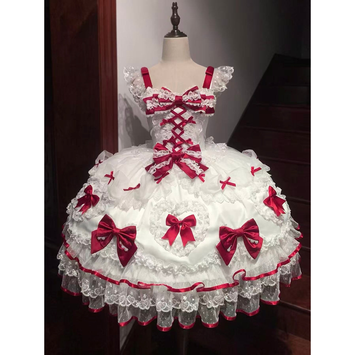 Sweet Lolita Burgundy Bow Dream Dress Ivory Ruffled Gown