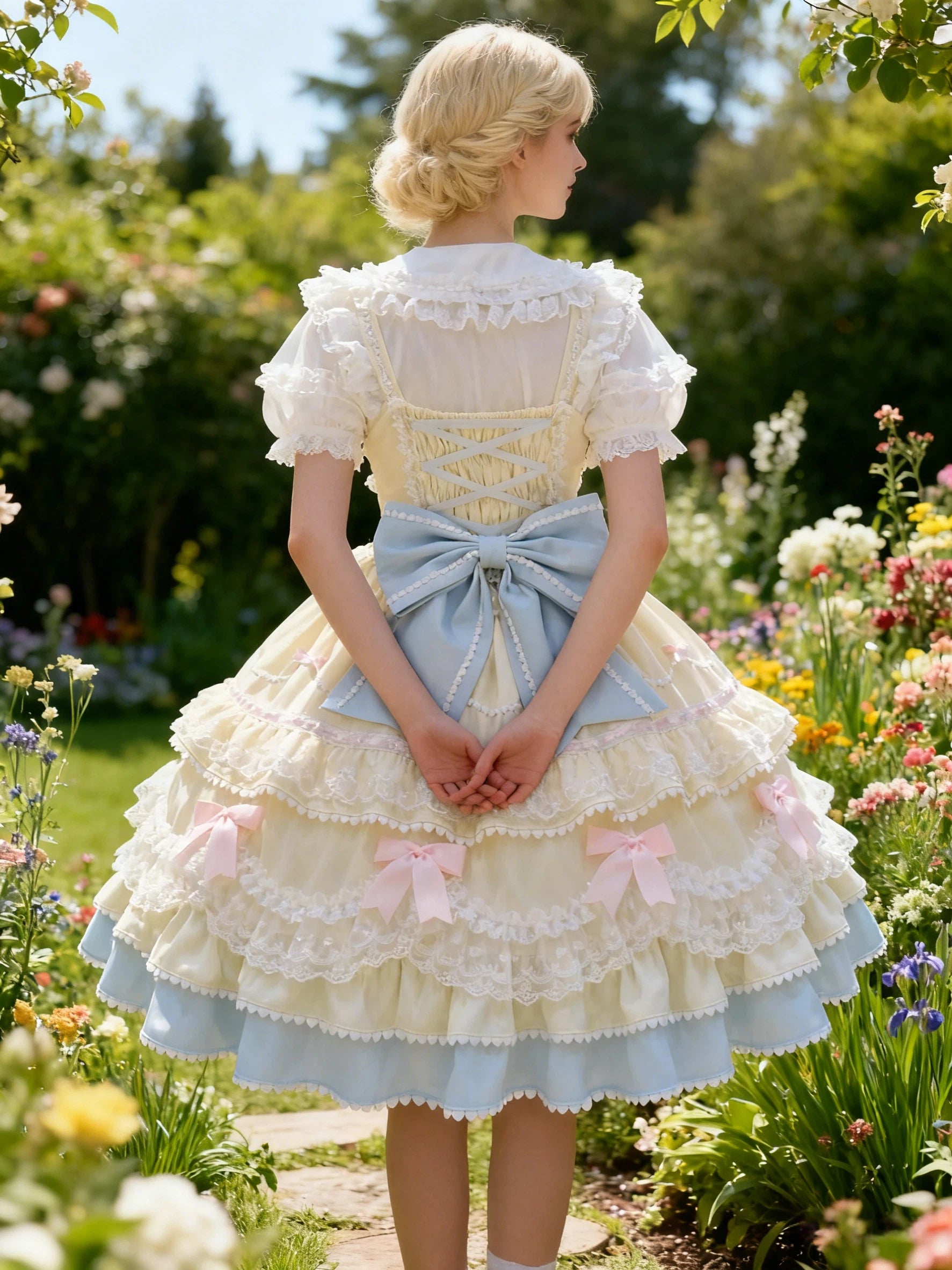 Sweet Lolita Yellow Blue Ruffled Bow Cake Dress Frill Princess Ball Gown for Party