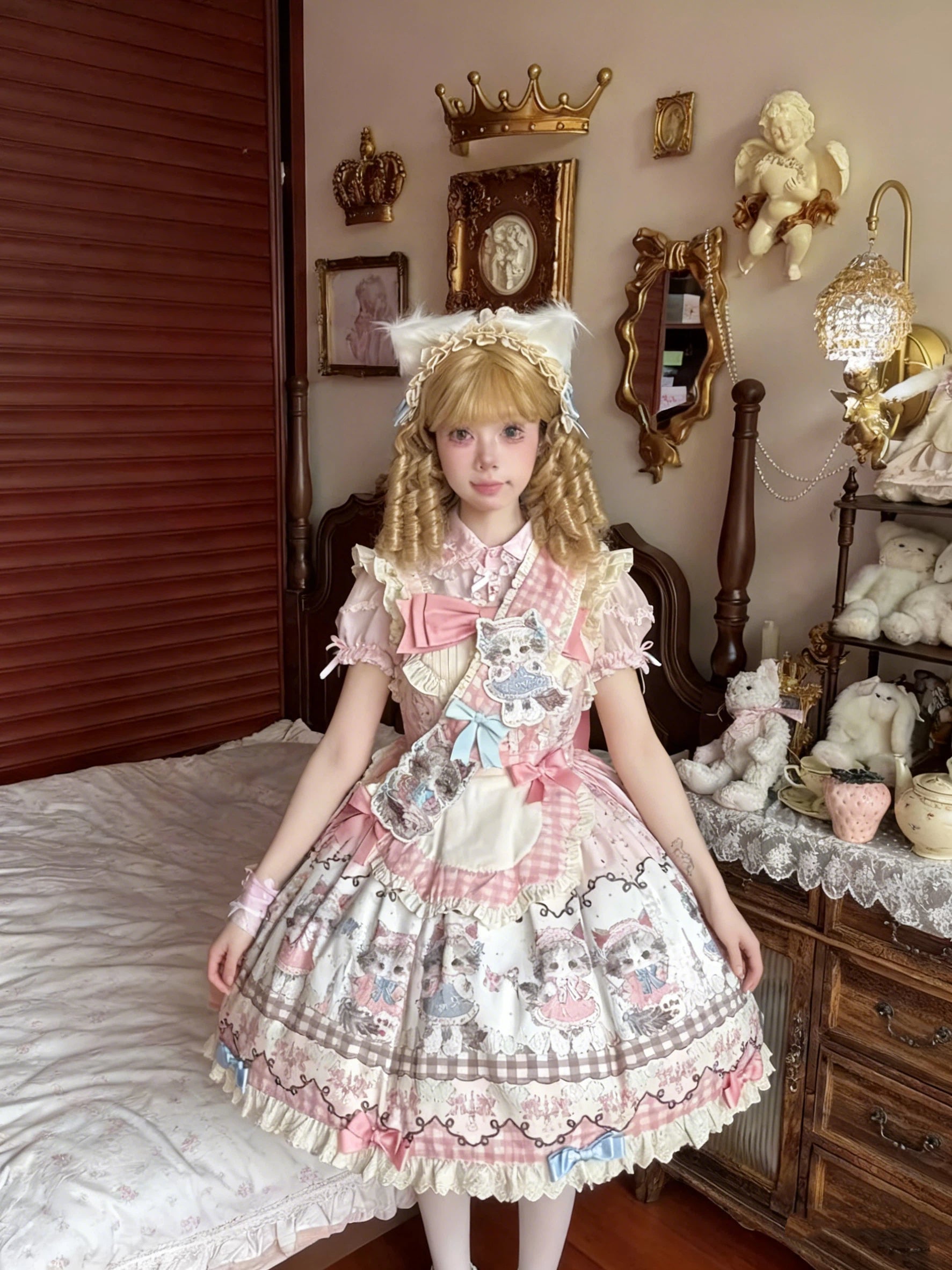 Sweet Lolita Pink Black Meow JSK Fluffy Cat Print Pastel Cake Dress 2 Colors