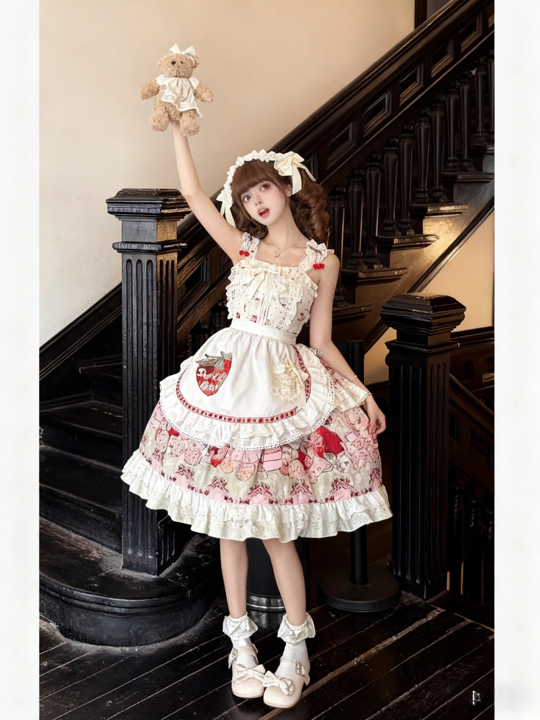 Sweet Lolita Strawberry Apron JSK Set Red White Ruffled Dress Headband