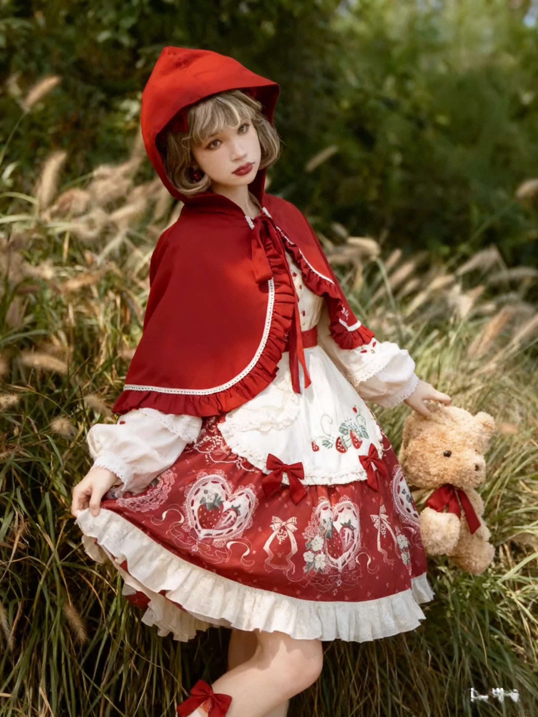 Sweet Lolita Strawberry OP Dress with Cape Burgundy Cream Ruffled Embroidery Set