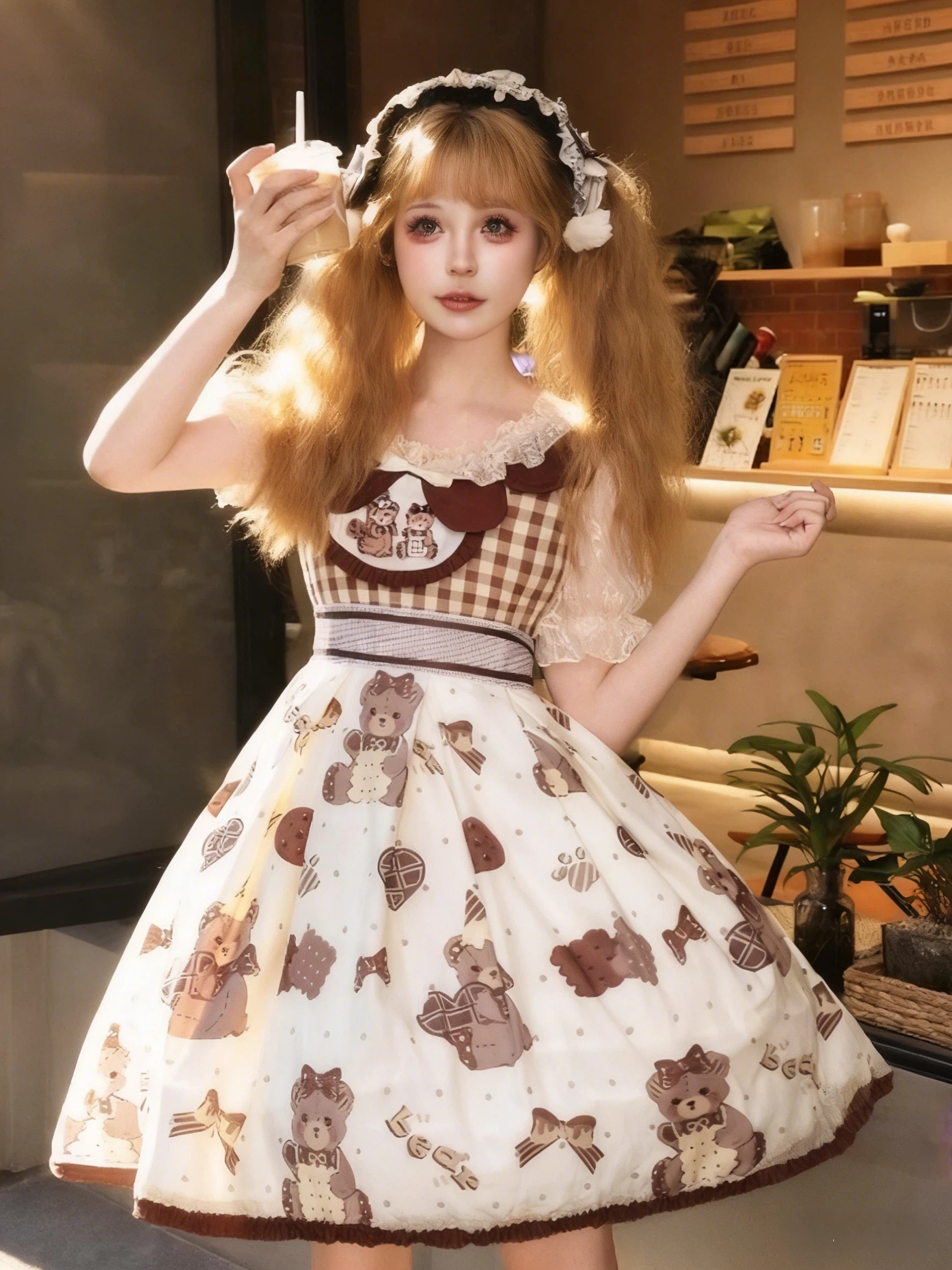 Sweet Lolita Teddy Bear JSK Dress Cream Brown Checked Print with Ruffled Sleeves