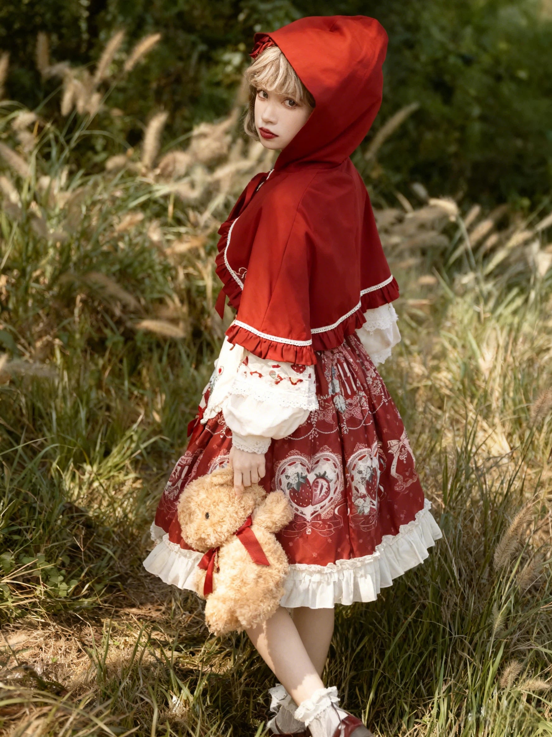 Sweet Lolita Strawberry OP Dress with Cape Burgundy Cream Ruffled Embroidery Set