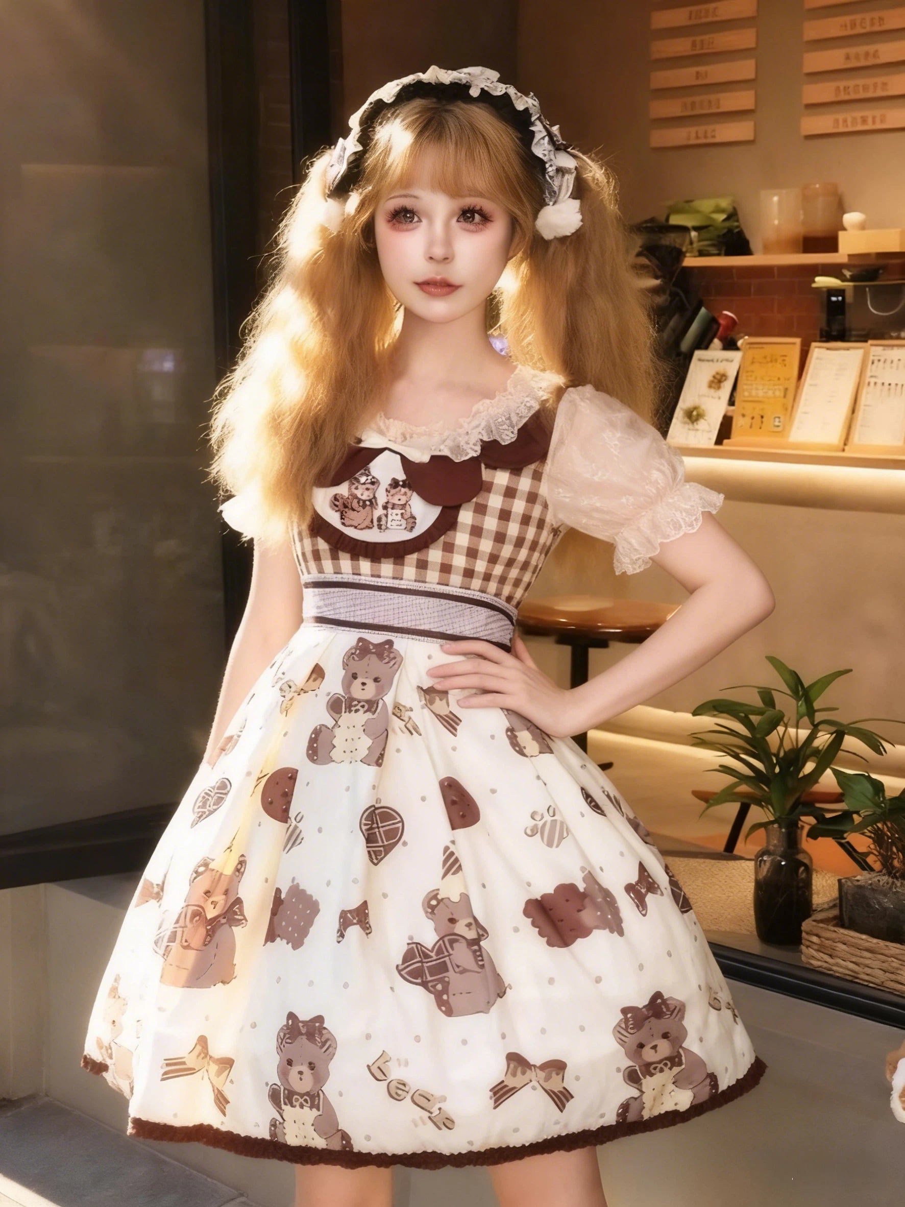 Sweet Lolita Teddy Bear JSK Dress Cream Brown Checked Print with Ruffled Sleeves